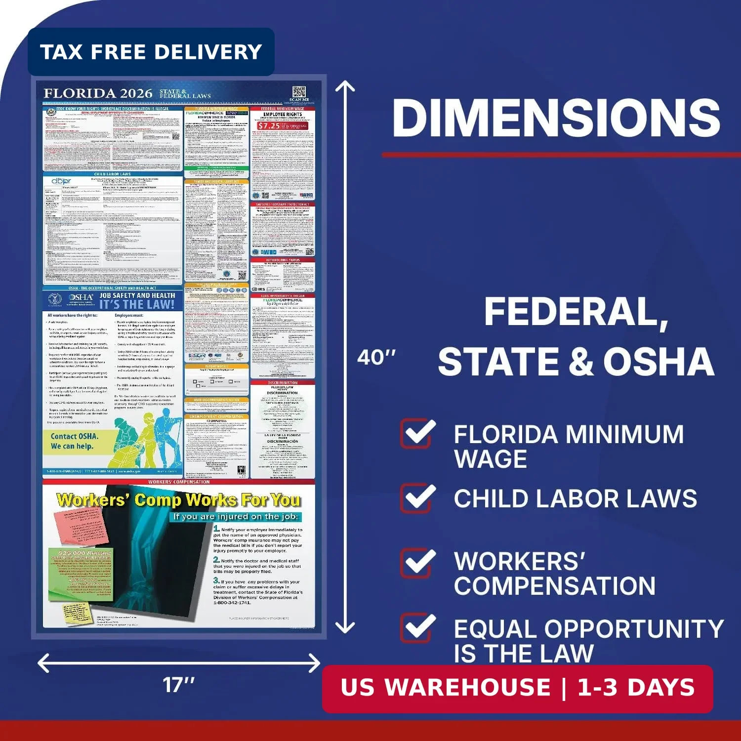 2026 Florida State & Federal Mandatory Labor Law Poster, OSHA Compliant (English