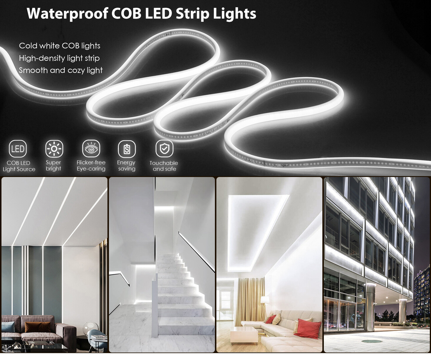 Cold White 50&prime; 480leds/m COB LED Strip Lights Waterproof IP68 110V Flexible Home
