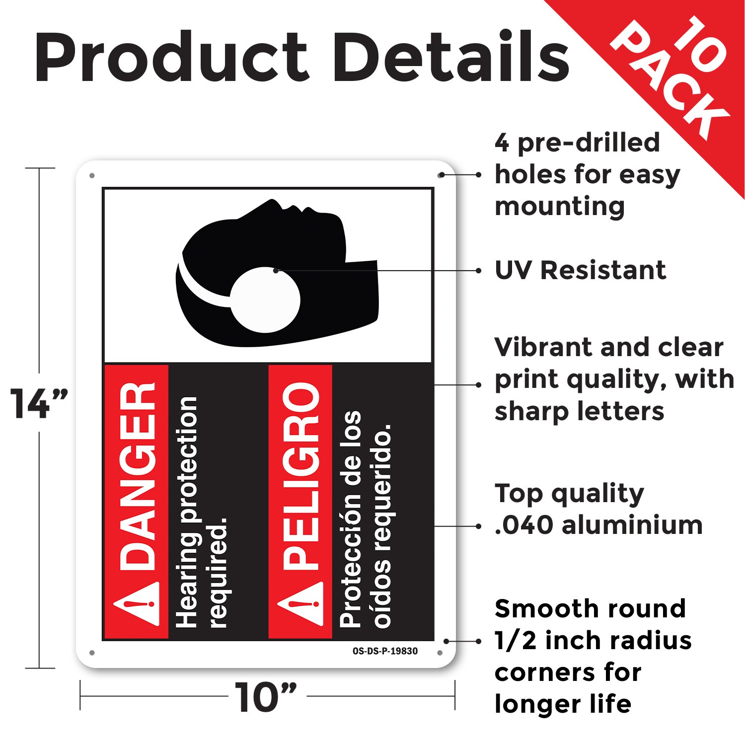 Danger Hearing Protection Required (Bilingual Spanish) ANSI Danger 5/10 Pack