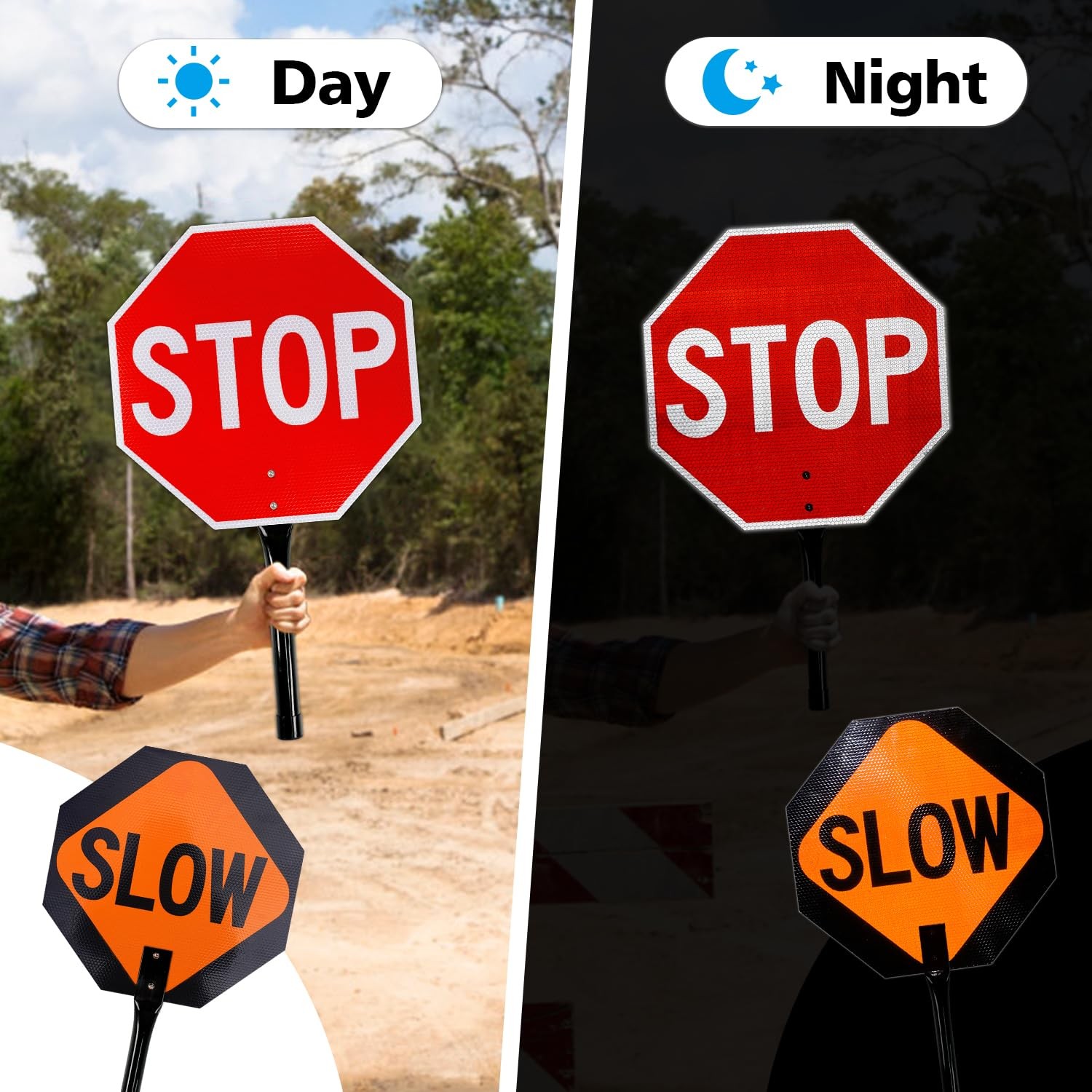 2 PCS Stop Slow Sign Metal Handle Double Sided 13×13 Inch Red Orange Aluminum