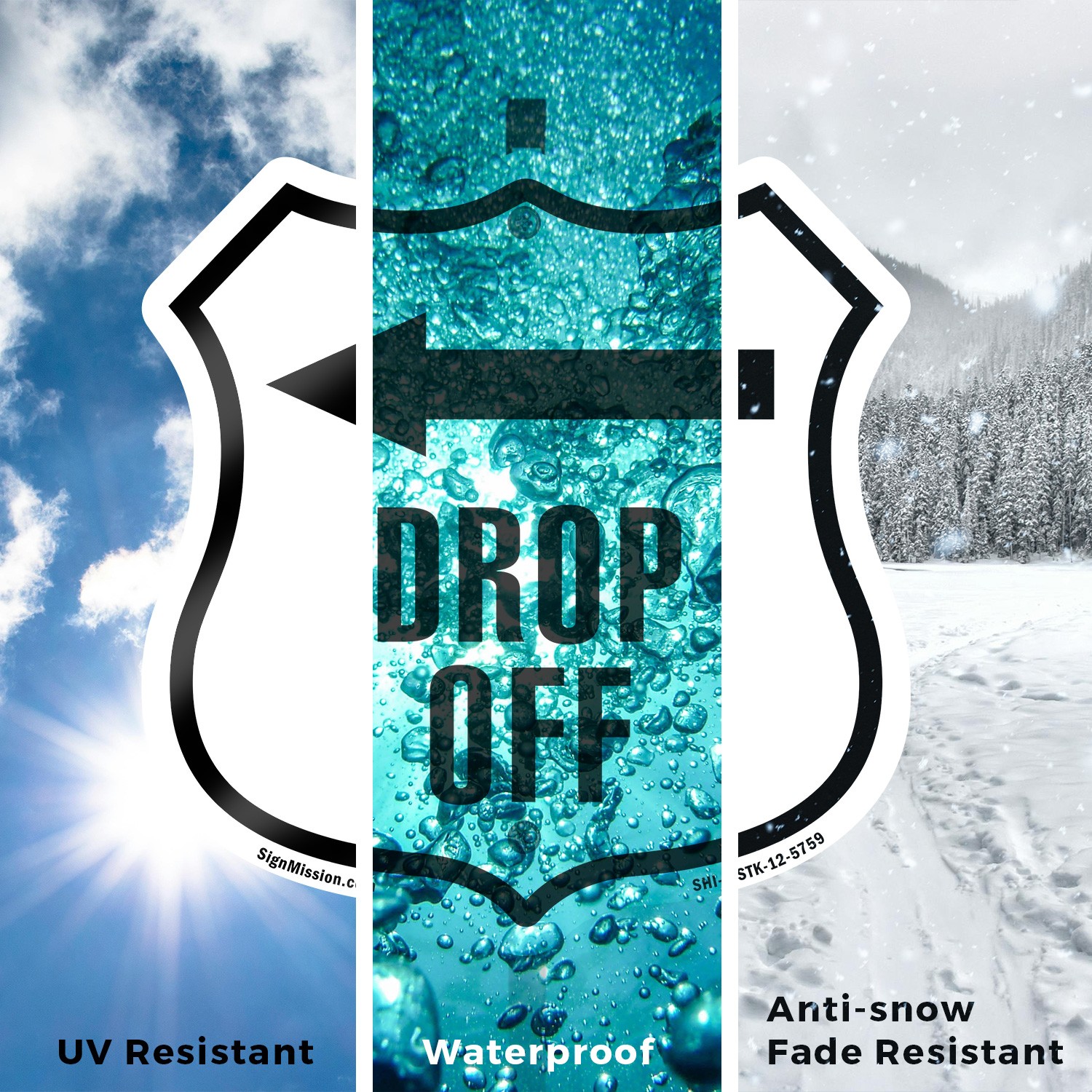 Drop-Off Left Shield Shaped Sign With Stake Weather Resistant Crafted in the USA