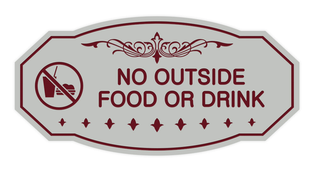 Victorian No Outside Food Or Drink Sign (Light Grey / Burgundy) – Small 3&Prime; X 6&Prime;