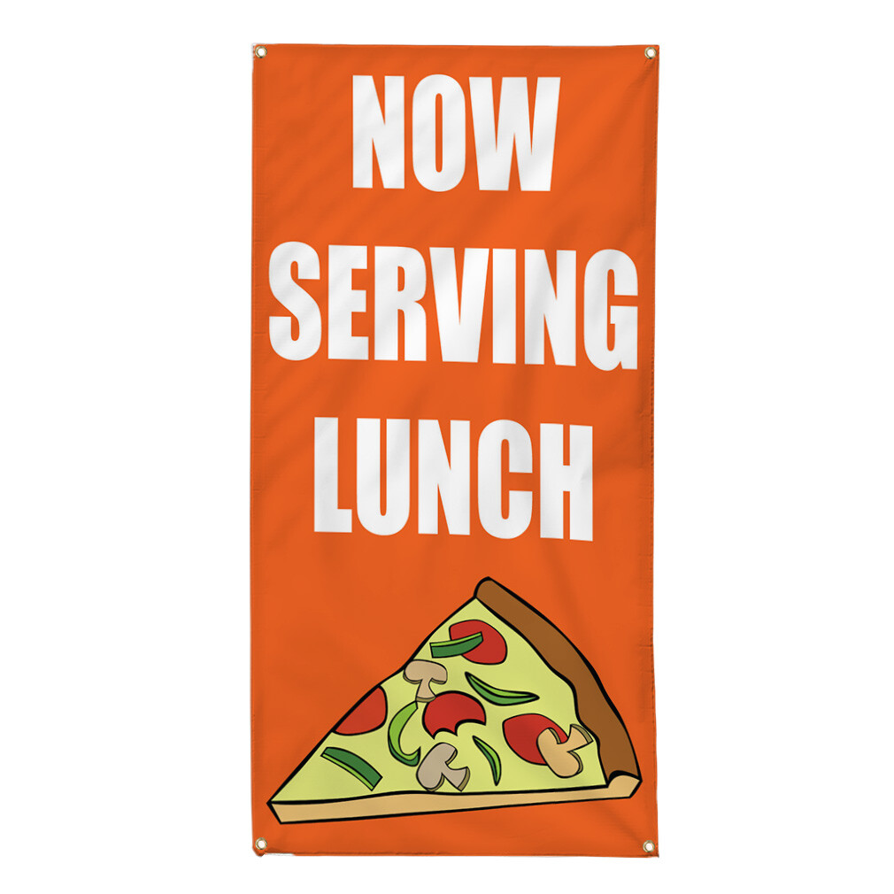 Vertical Vinyl Banner Multiple Sizes Now Serving Lunch Orange Business Outdoor