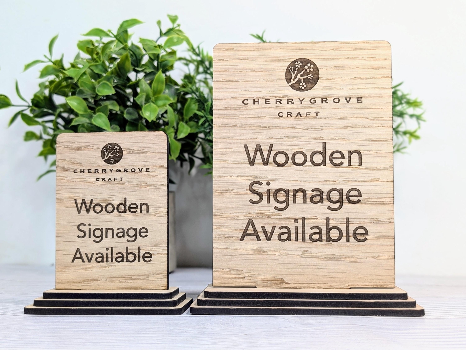 Personalised Wooden Table Signs – Custom Text, Logo, Freestanding, 2 Sizes