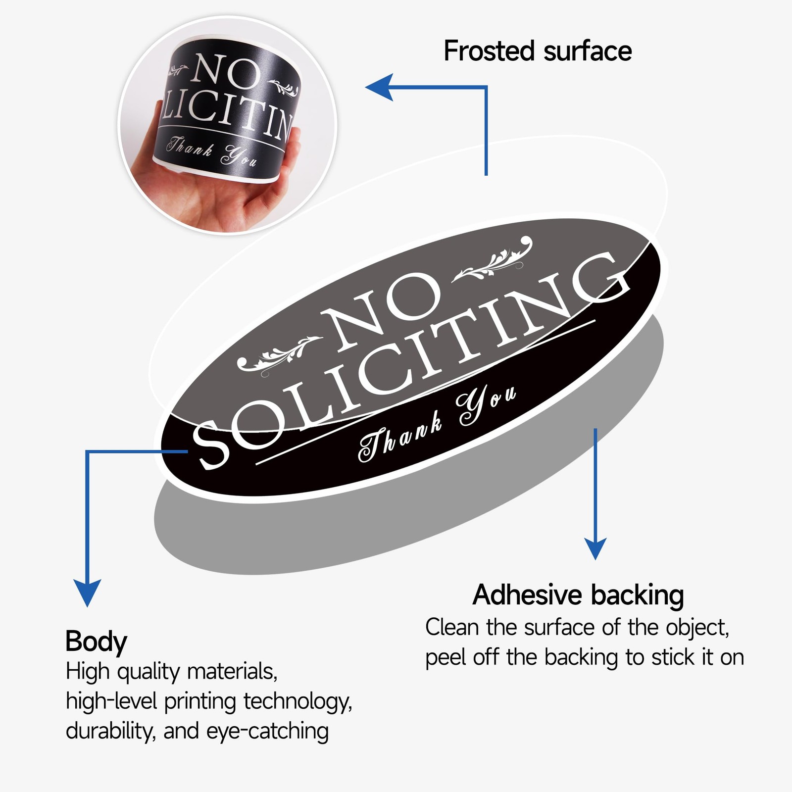 No Soliciting Sign Sticker for Front Door, Self-Adhesive Modern No Solicitors