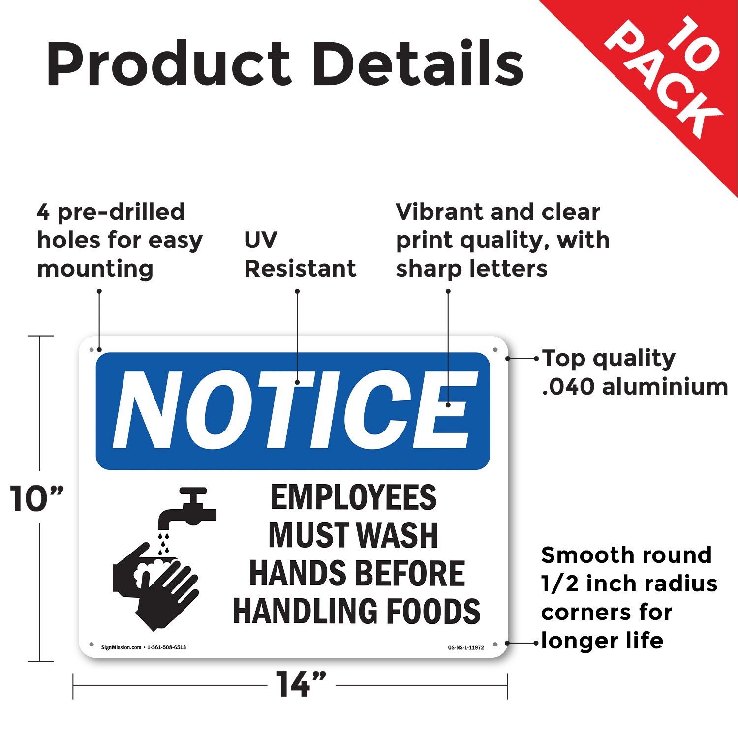 Employees Must Wash Hands Before OSHA Notice Sign Metal, Decal – 5 or 10 Pack