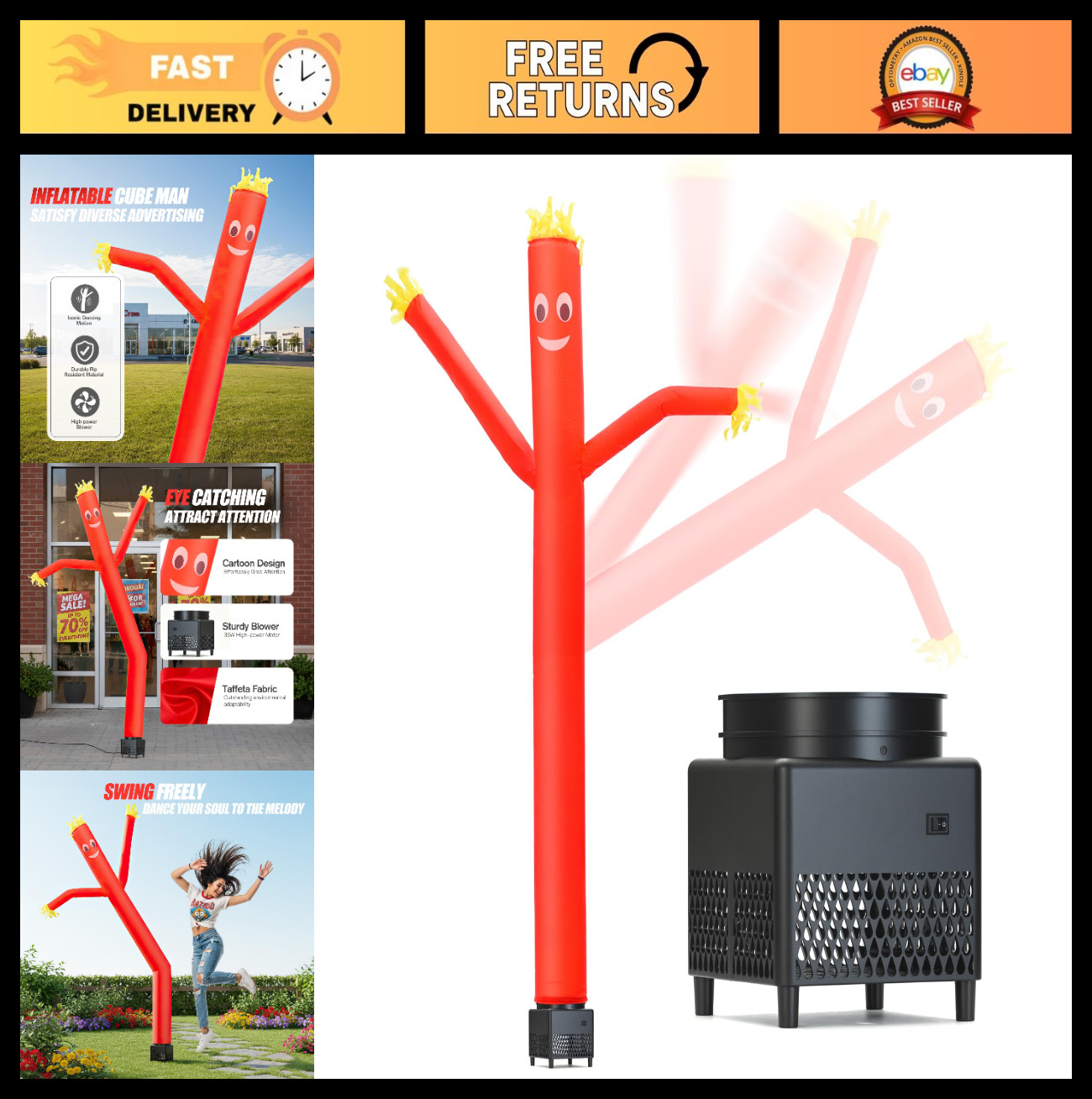 6ft Inflatable Waving Tube Man with Blower – Red Air Dancer for Business Promoti