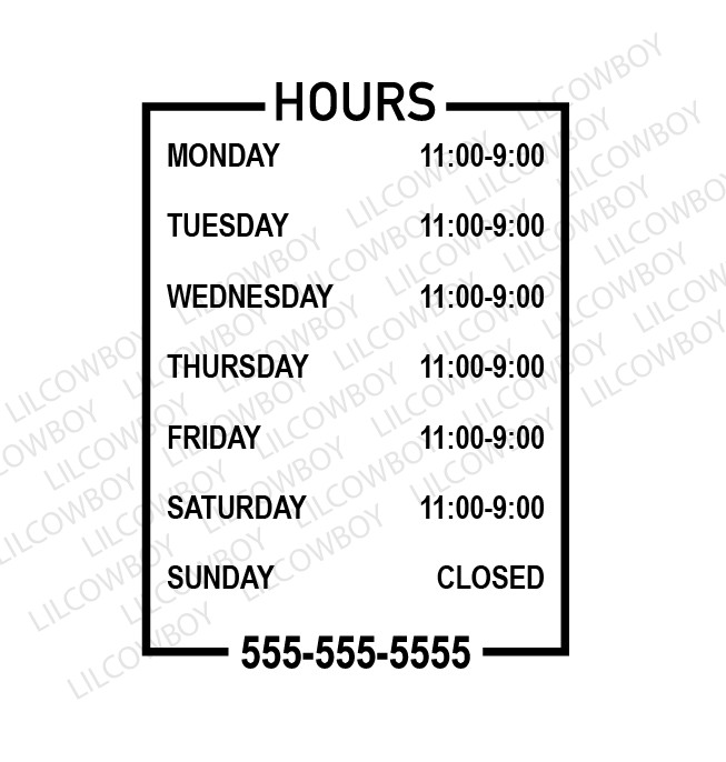 Custom Business Hours Sign Vinyl Personalized Lettering Decal Phone retail BS10