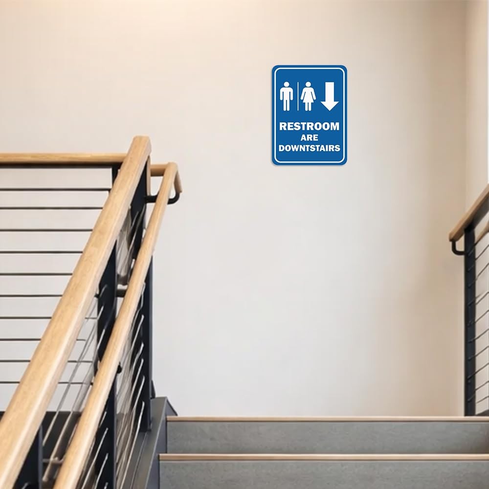 Portrait Round Restrooms Are Downstairs Sign Black Large Wall Mount Display
