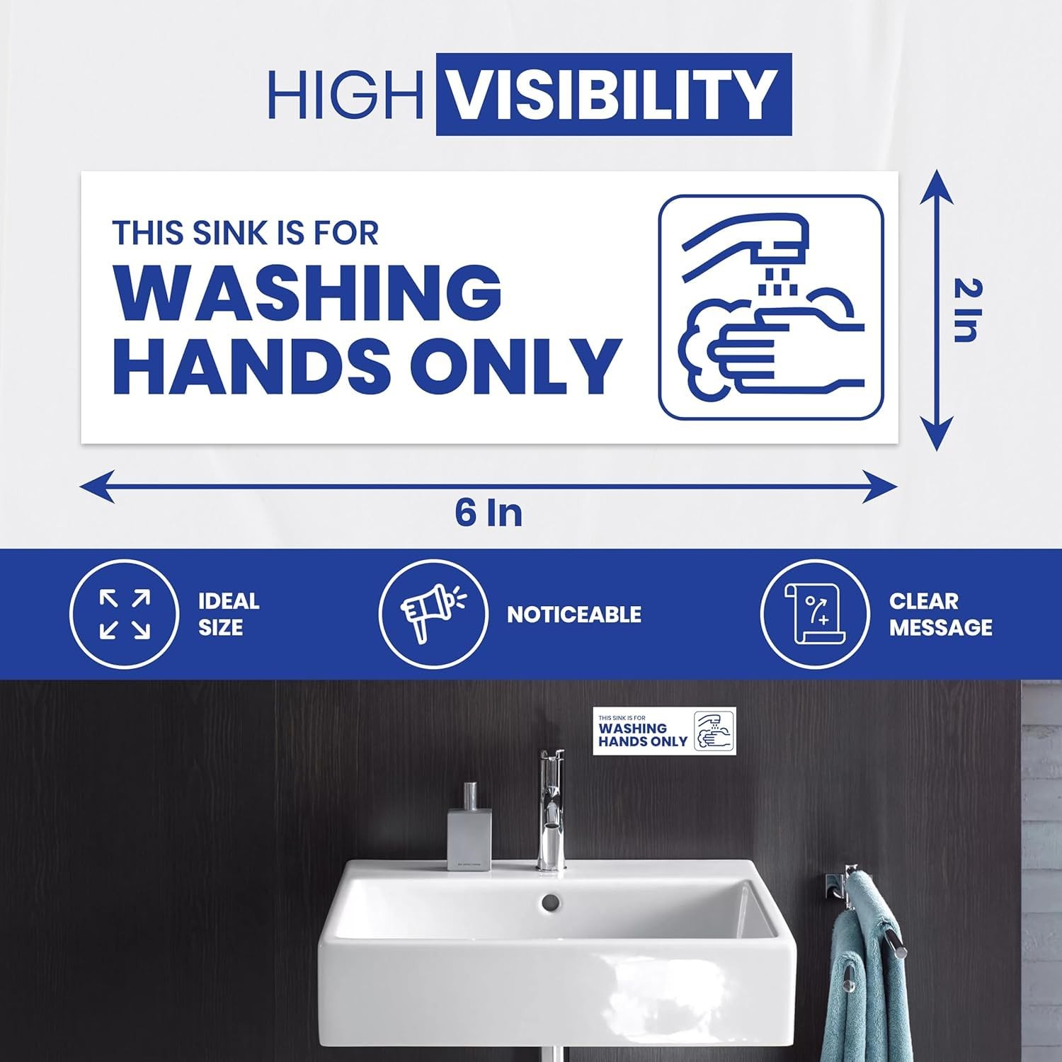 6 PCS Wash Your Hands Signs 7.3×2.5 Inch Self Adhesive Vinyl Bathroom Notice
