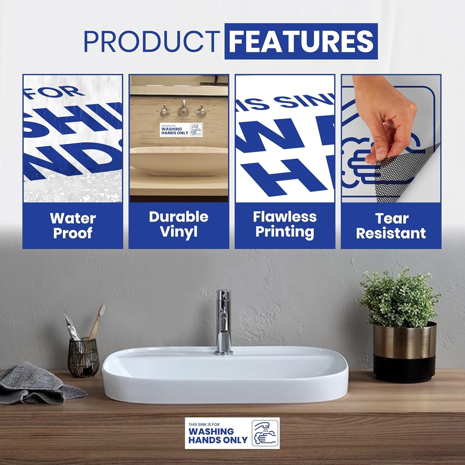 6 PCS Wash Your Hands Signs 7.3×2.5 Inch Self Adhesive Vinyl Bathroom Notice