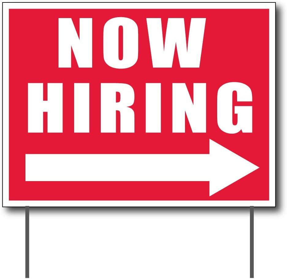 Now Hiring Banner and Sign Set, 2×4 Banner, 2 18×24 Signs, Red and White