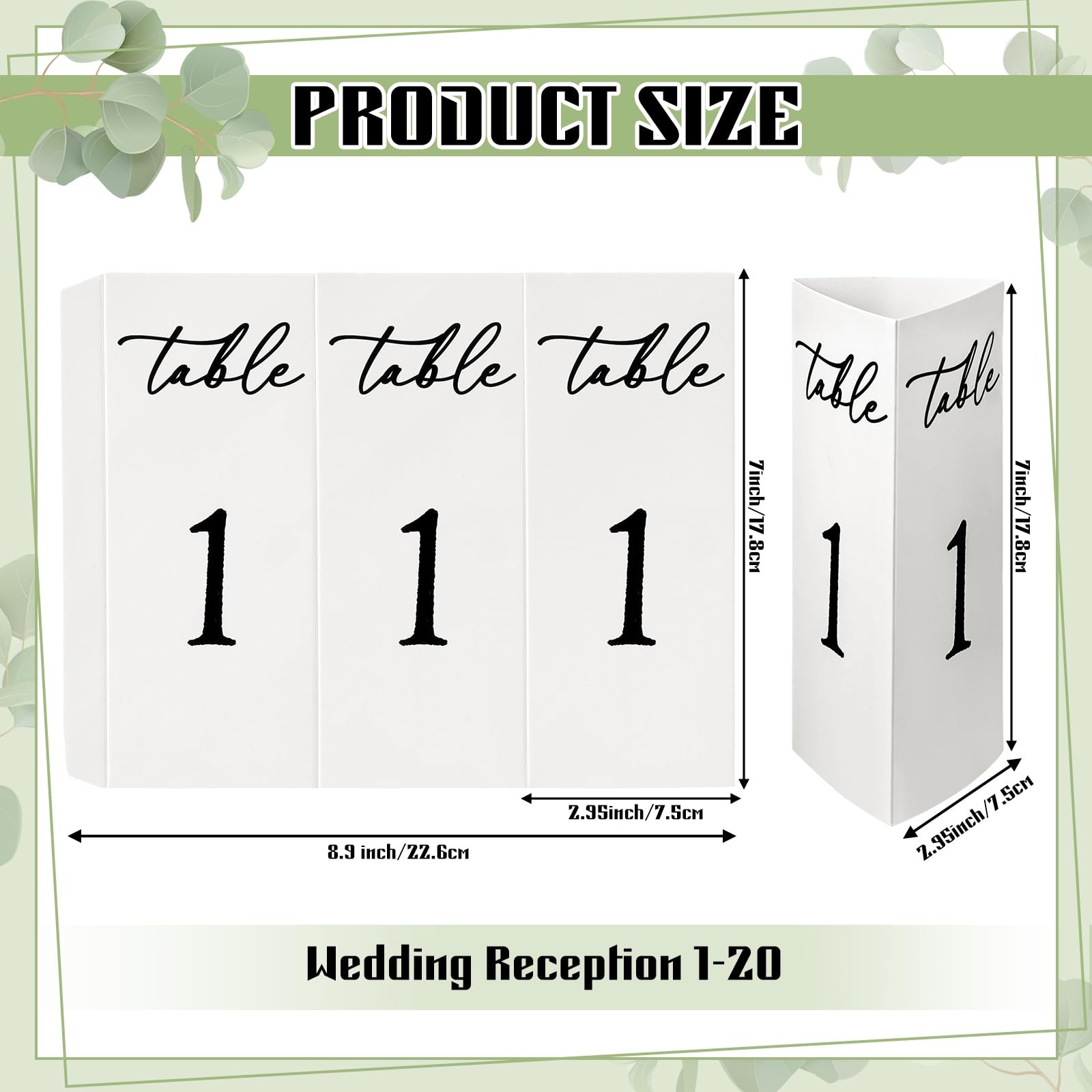 Trifold Wedding Table Numbers 1-20 Paper Cards, Black White Freestanding Decor
