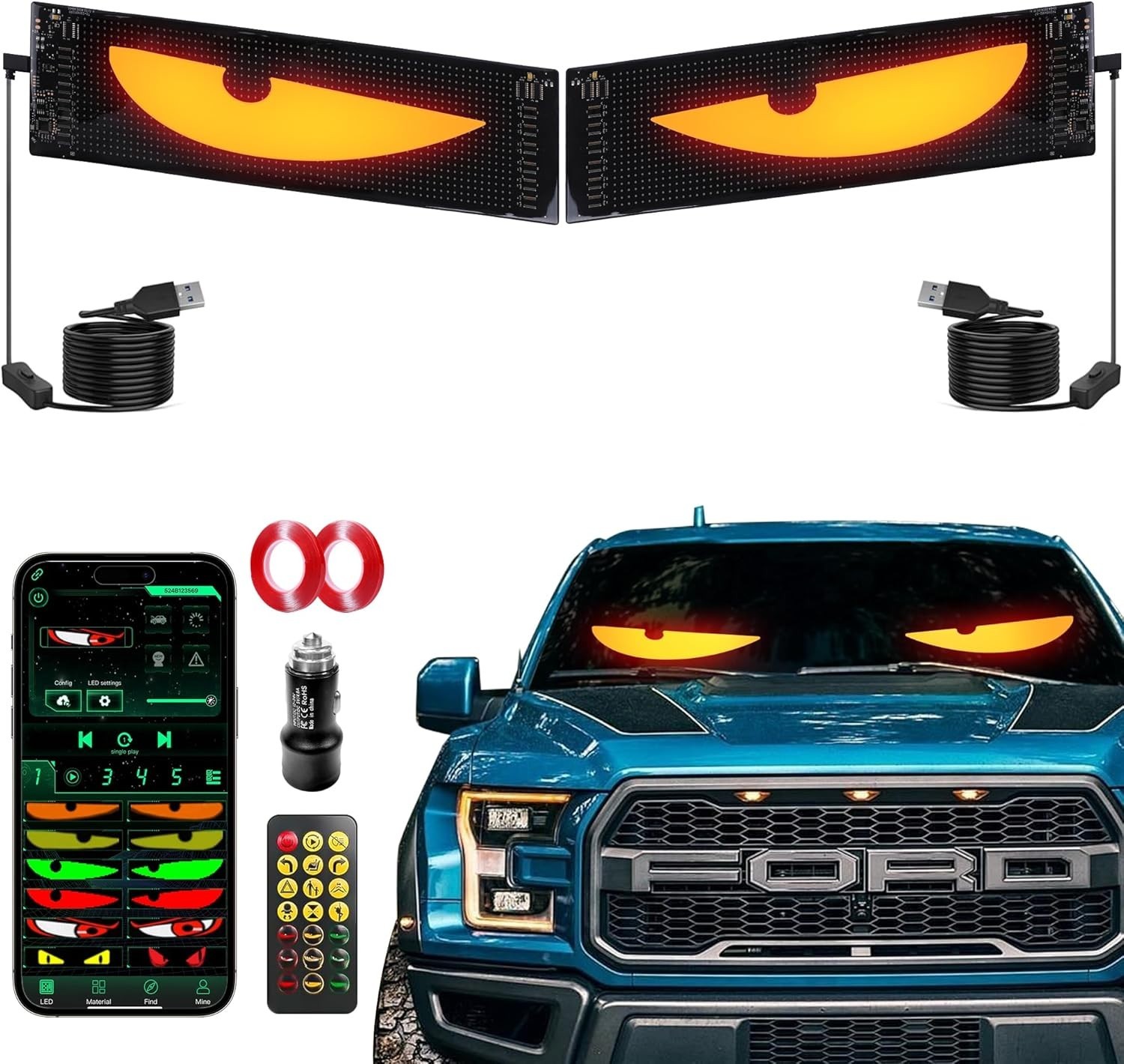 Devil&rsquo;s Eye 2-Pack: Color-Changing LED Windshield Display for Cars & Trucks