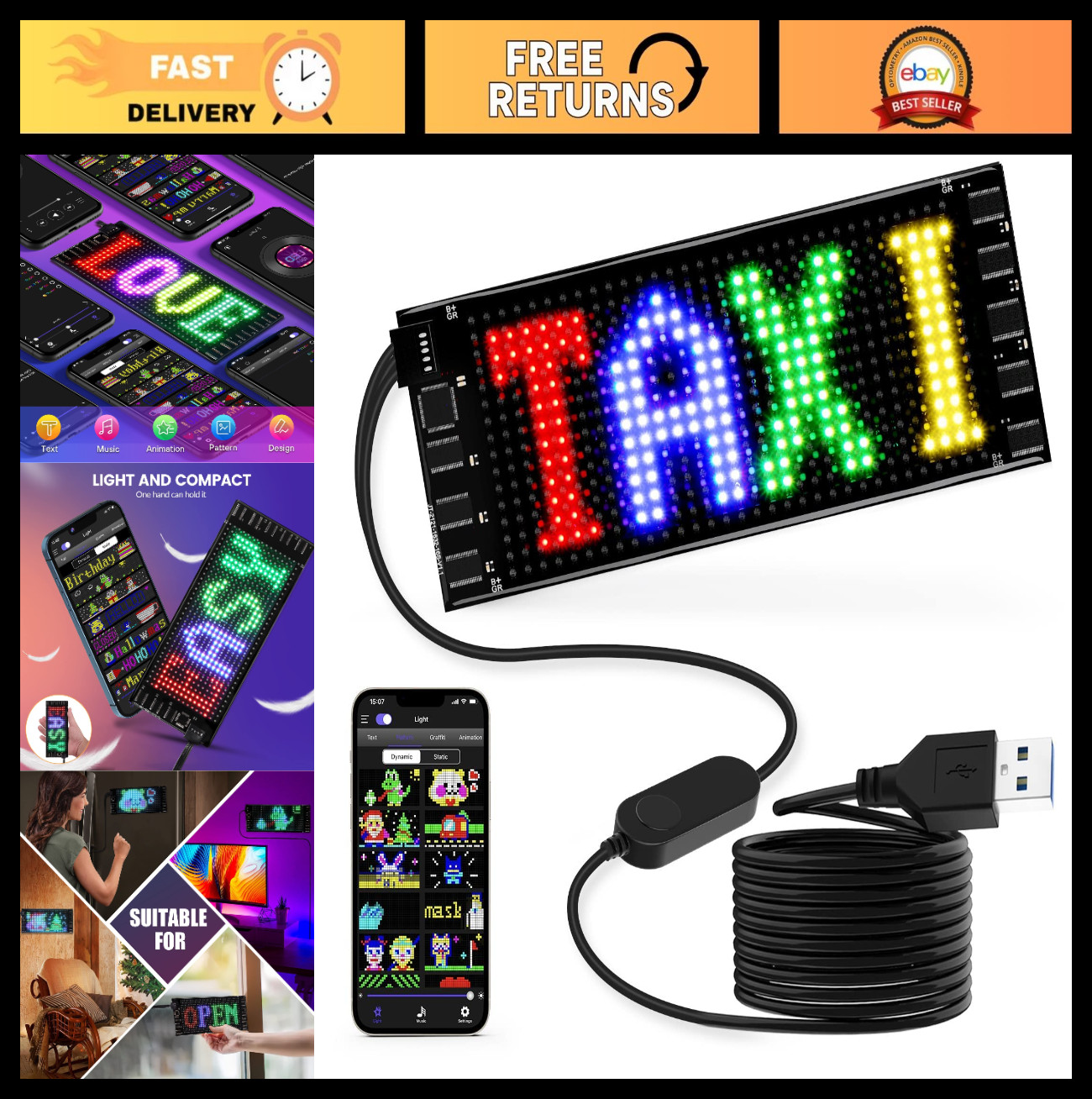 Flexible LED Matrix Sign 7&Prime;x3&Prime; – Programmable Bluetooth Scrolling Display for Ca