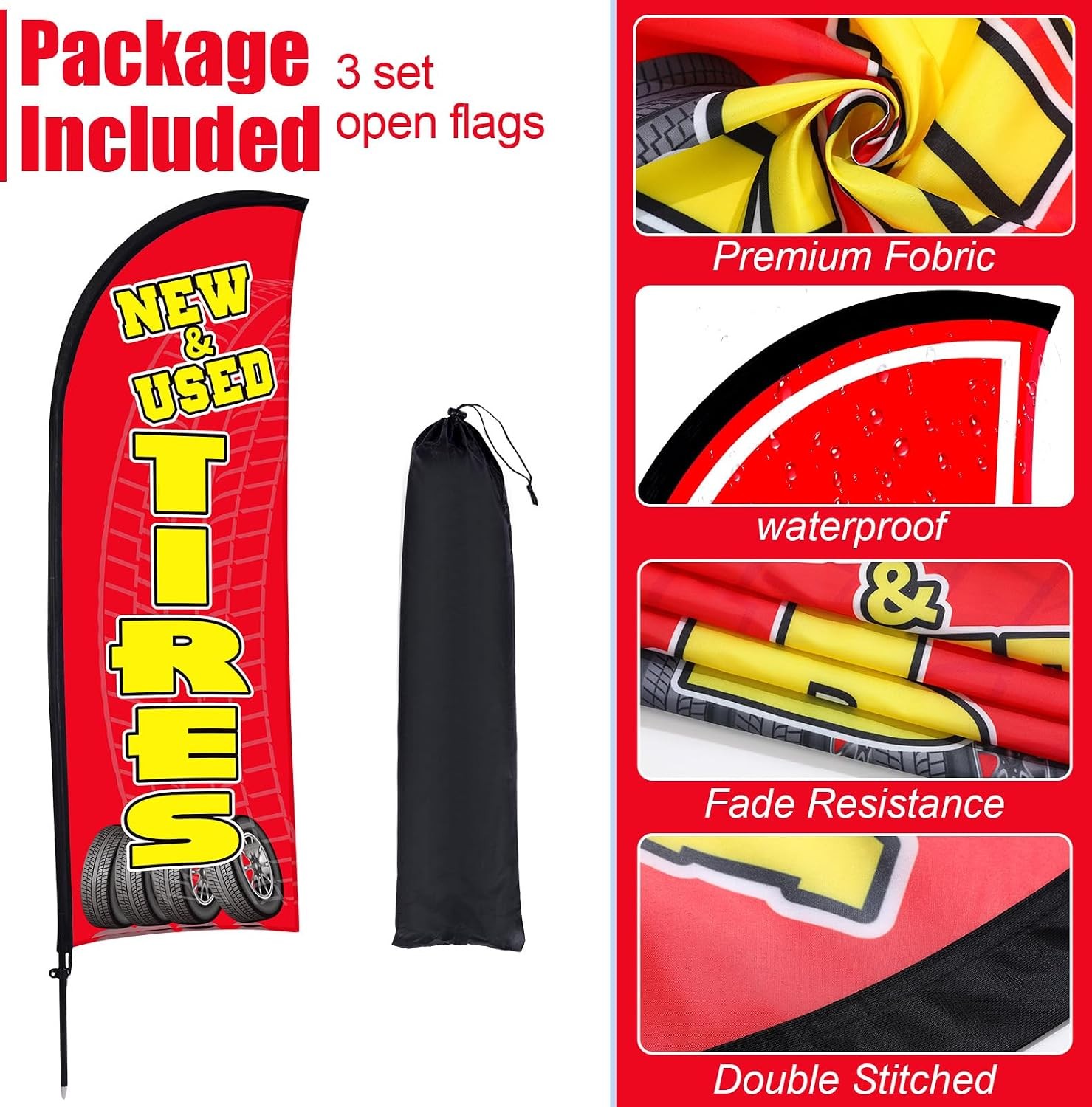 3 Sets Tires Shop Feather Flags W/ Poles 7ft New & Use Tires Flags Businesses