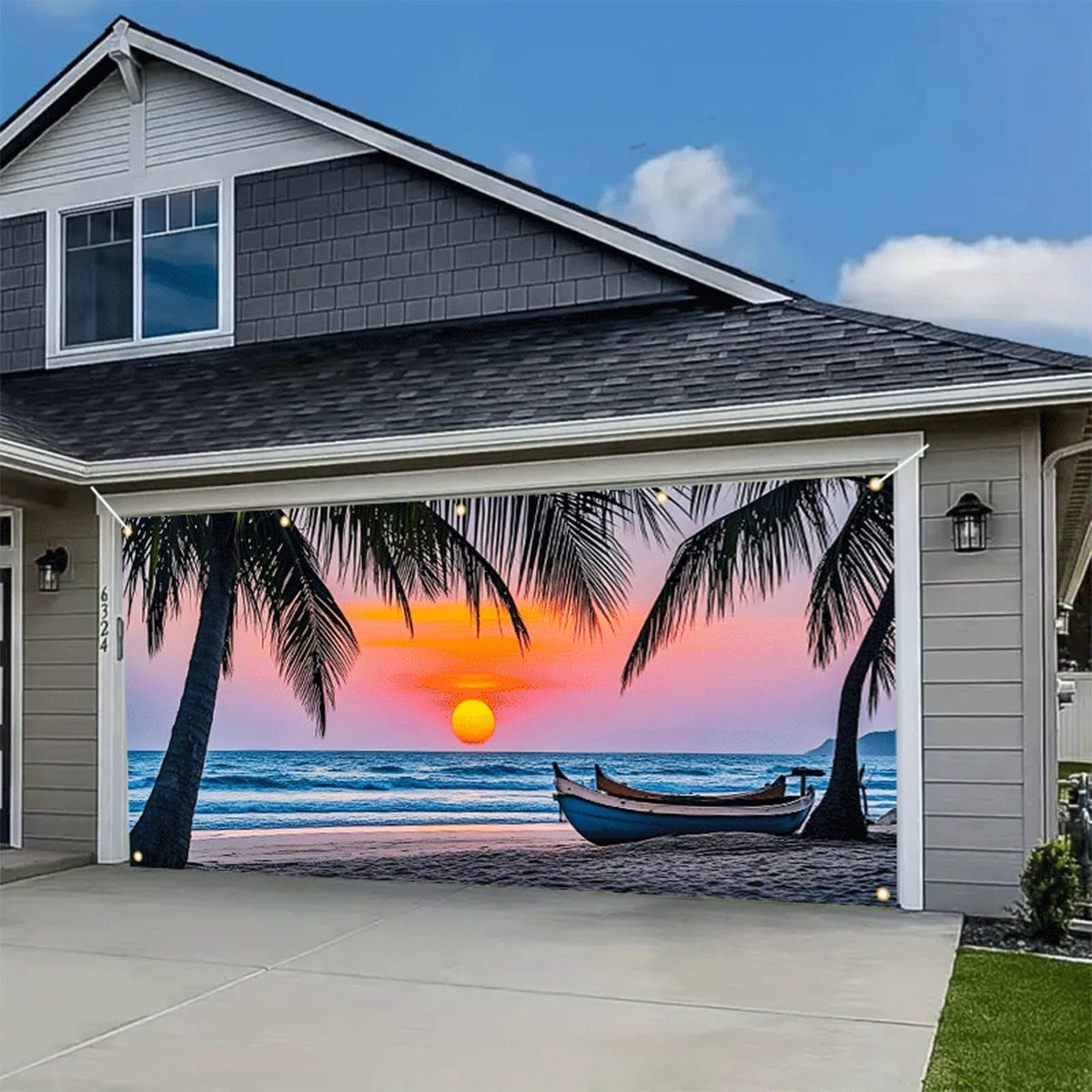 Beach Sunset Garage Door Banner 13x6ft Summer Tropical Palm Tree Ocean Backdr…