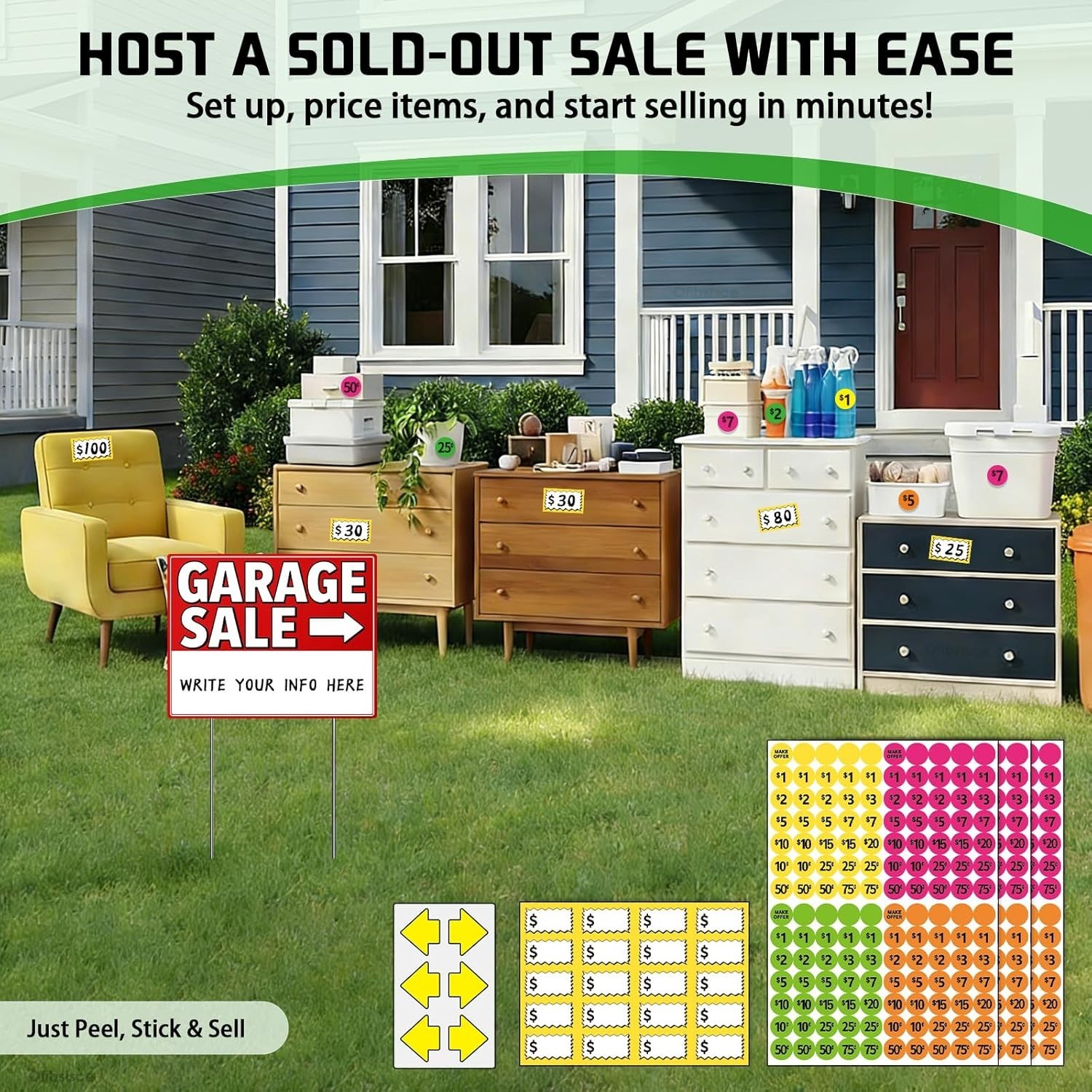 Garage Sale Sign Kit with Stakes – 17X13&Prime; Yard Sale Signs for Custom Route Navig