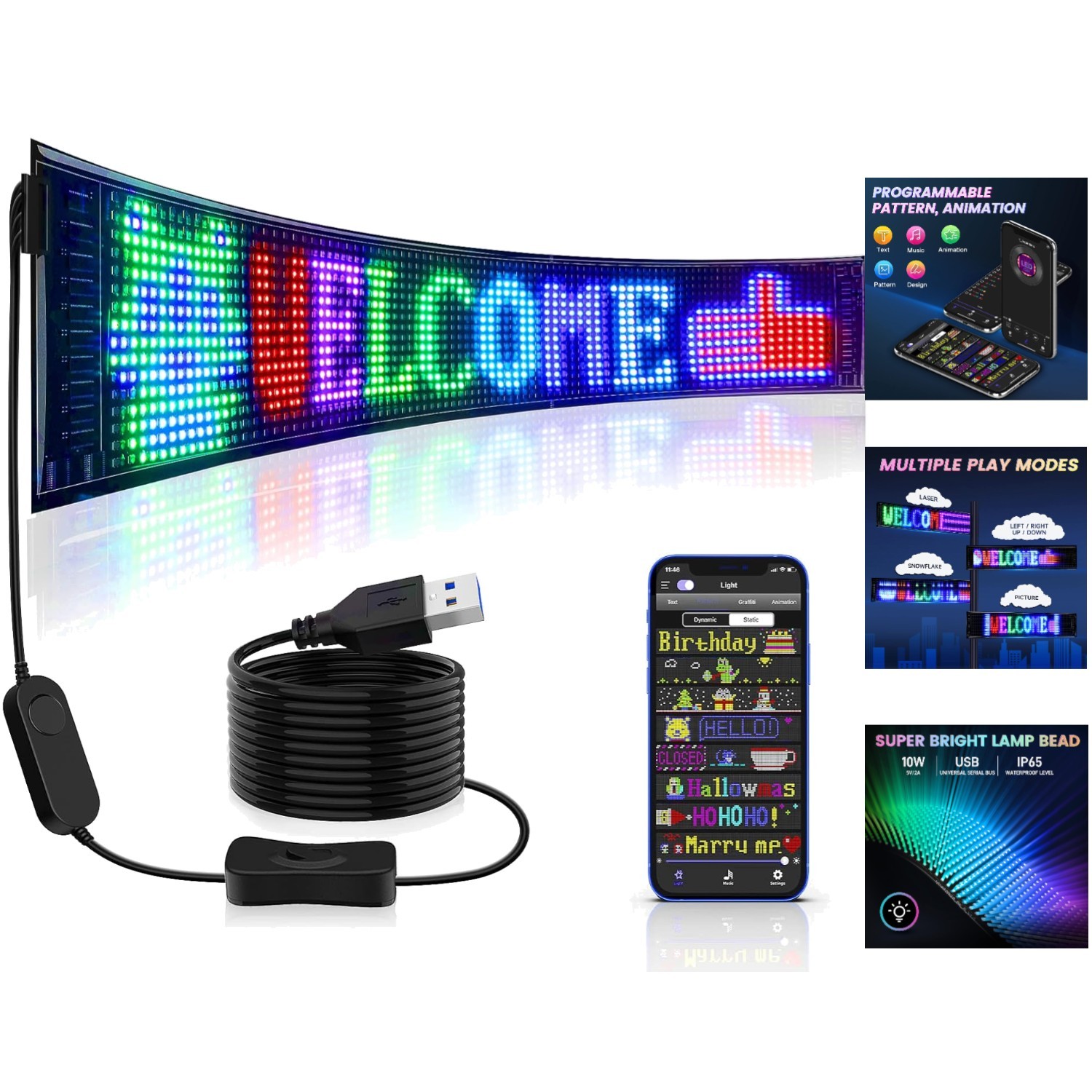 Customizable 27 »x5 » LED Store Sign with Bluetooth App Control & Animation