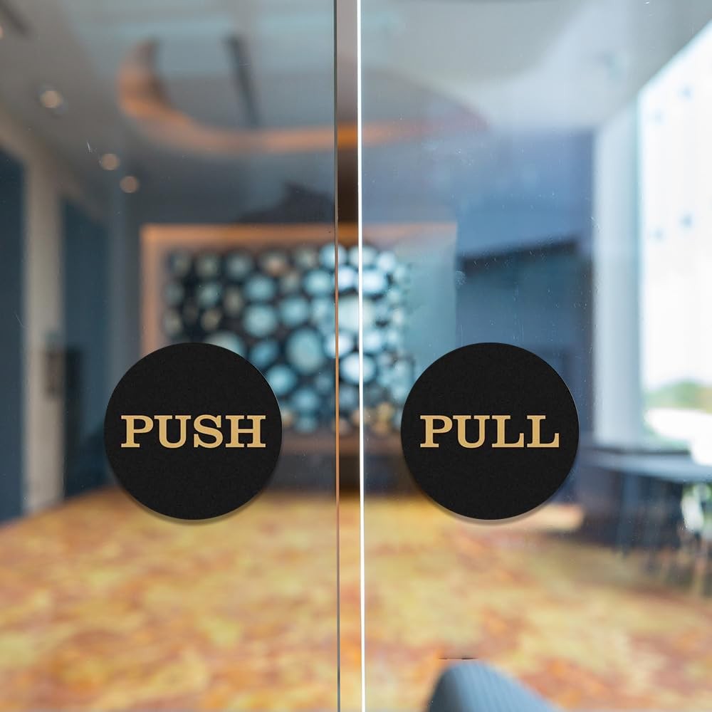 2 Sets 4 PCS 2 Round Push Pull Door Signs, Red, Adhesive, Vinyl, Sticker