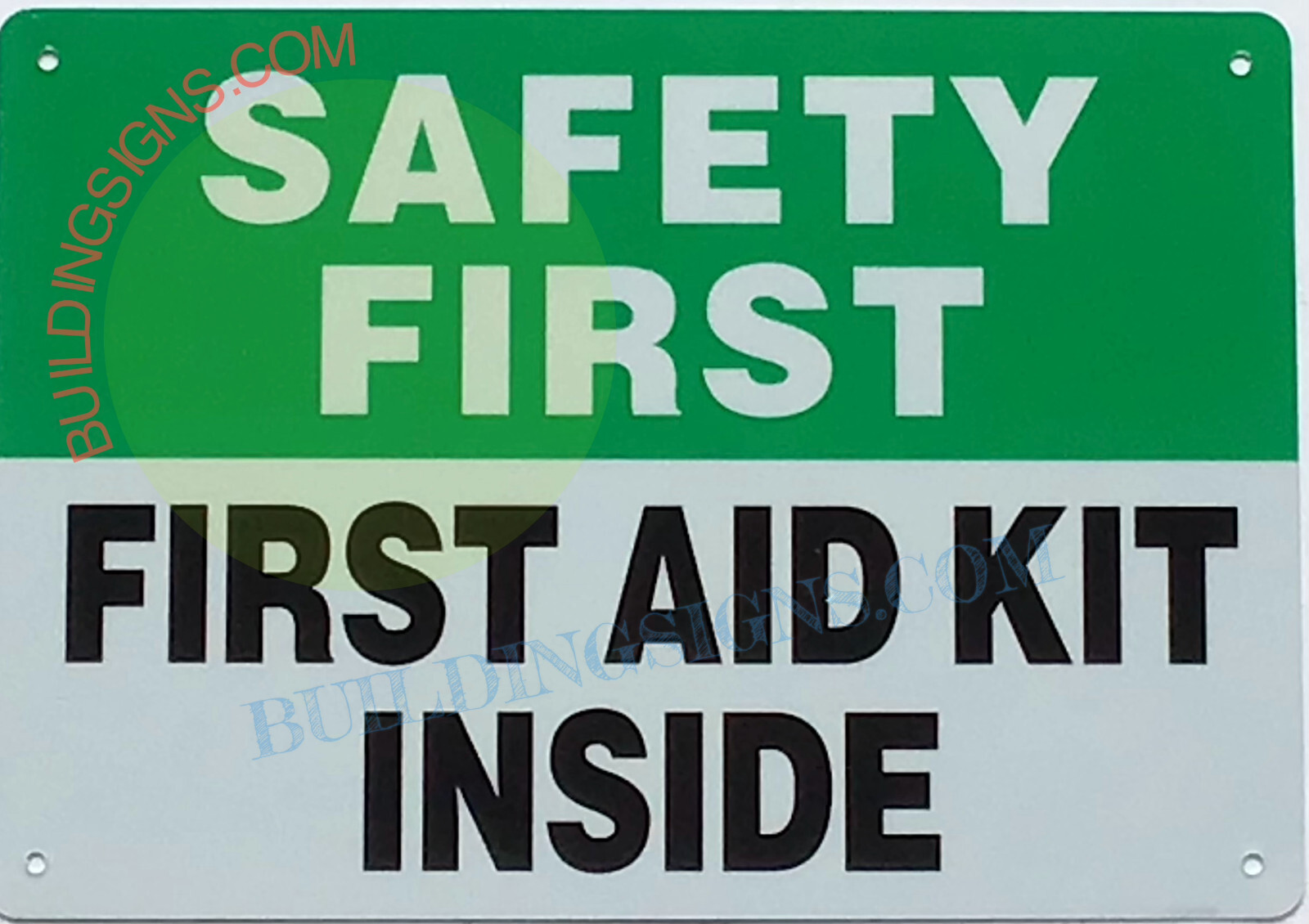 FIRST AID KIT INSIDE SIGN (7X10 White/GREEN, Aluminum)-REF24-1027