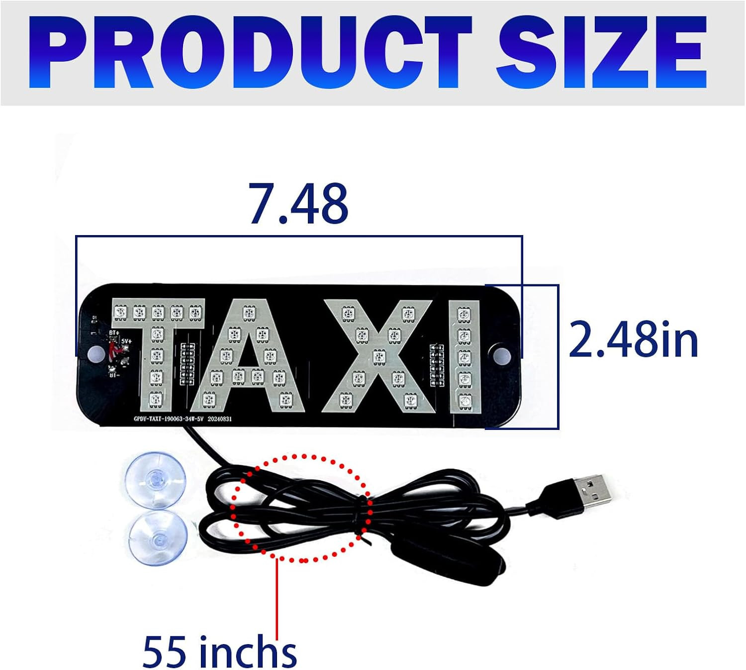 Red LED Taxi Sign for Car, Window/Windshield Mount with Suction Cups and USB Plu