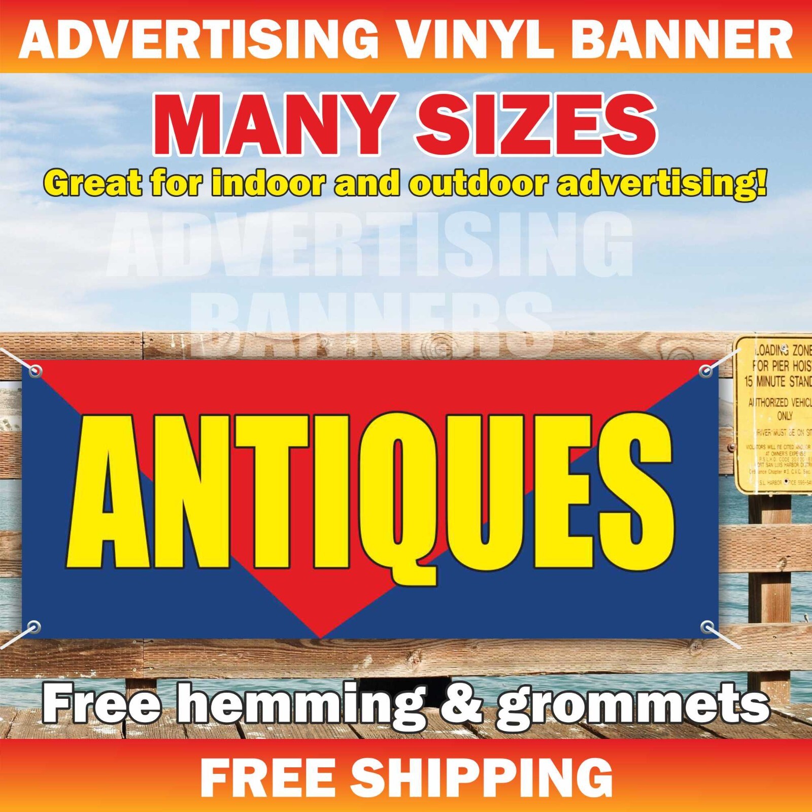 ANTIQUES Advertising Banner Vinyl Sign Vintage Collectible Shop Coin rarity