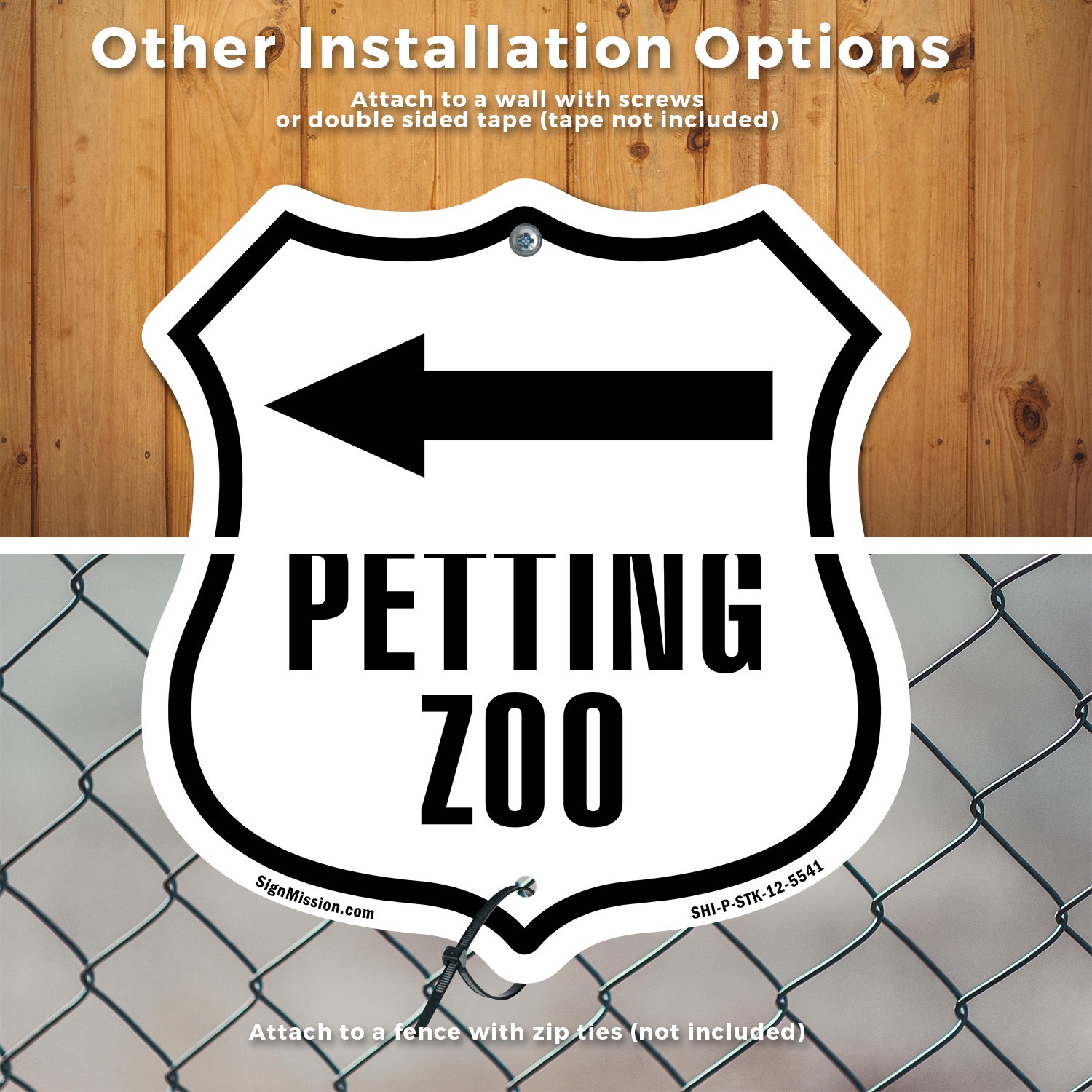 Petting Zoo Left Shield Shaped Sign With Stake Crafted in the USA