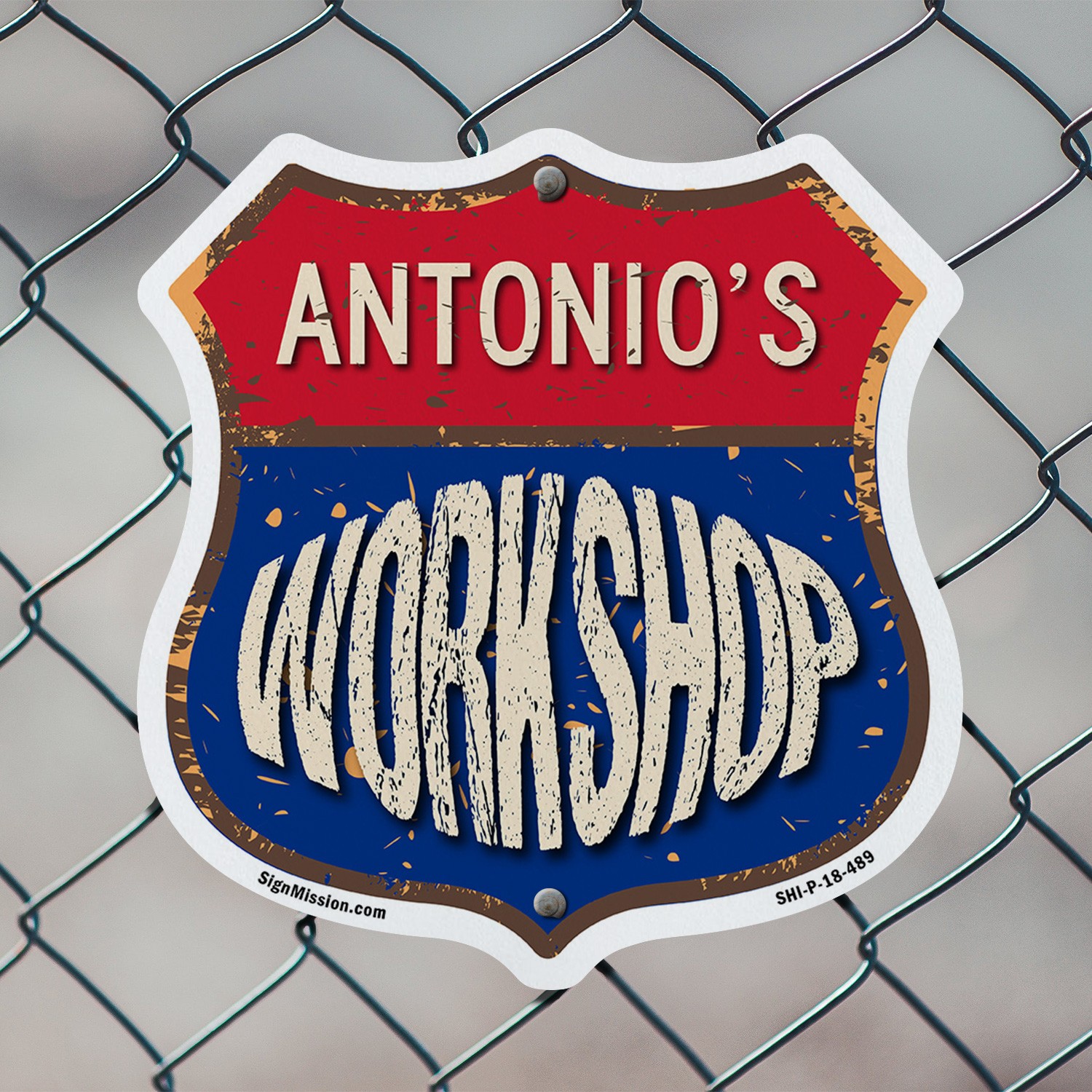 Antonio&rsquo;s Workshop Shield Shaped Sign Weather Resistant Crafted in the USA