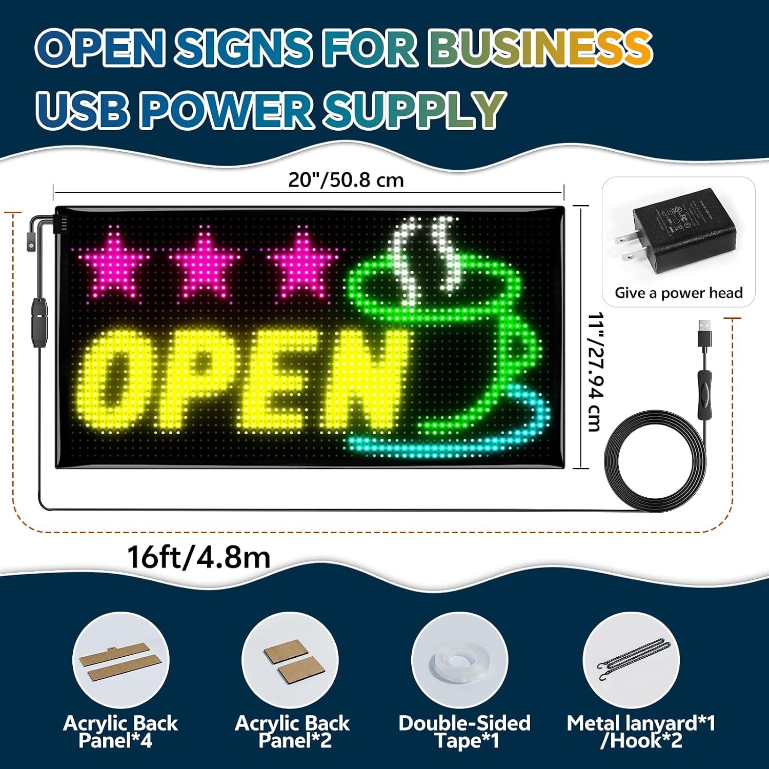Huge 20&Prime;x12&Prime; LED Open Sign – Multicolor Programmable Scrolling Display w/ Remote