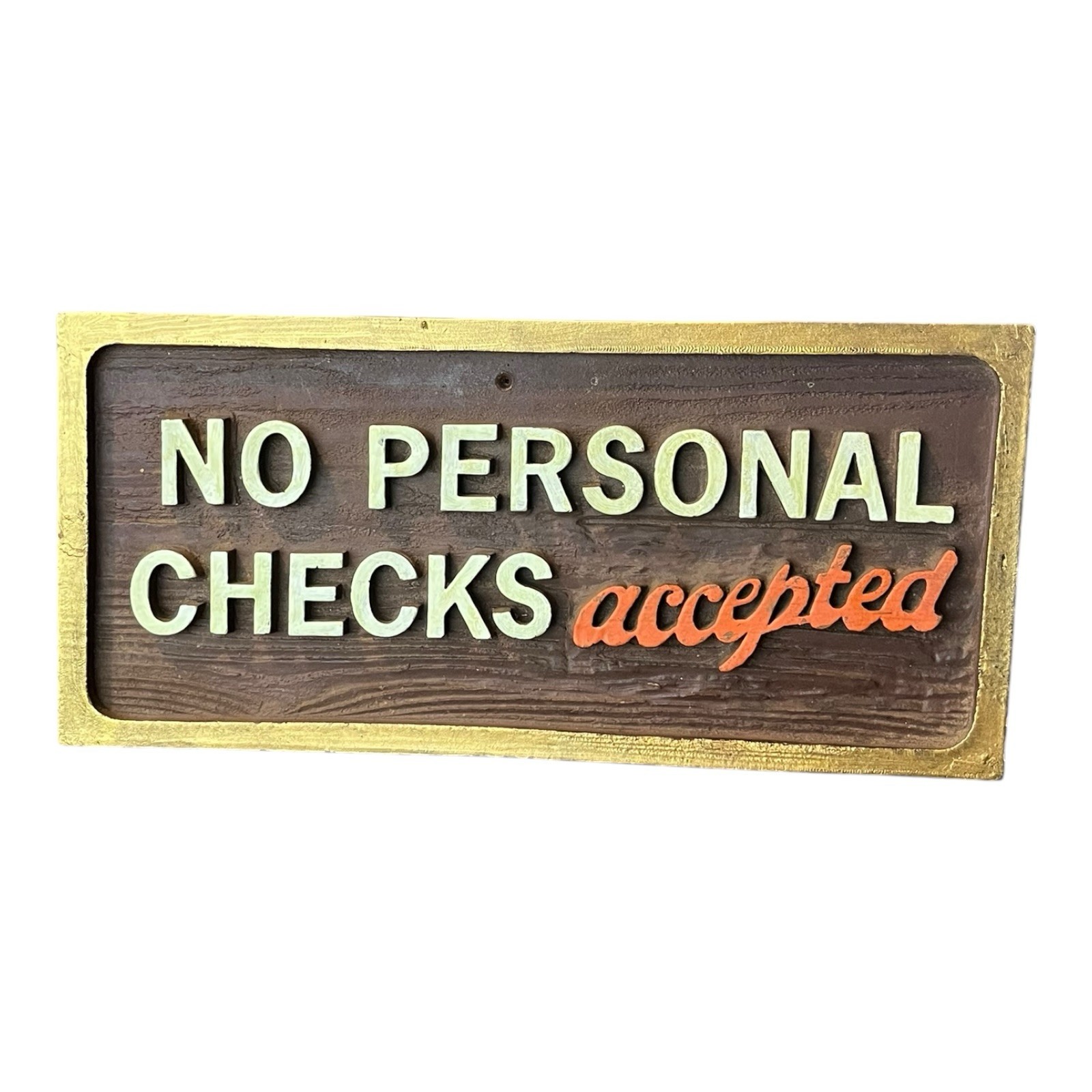 Vtg No Personal Checks Accepted Wood Natural Woodgrain Sign Store Office Signage