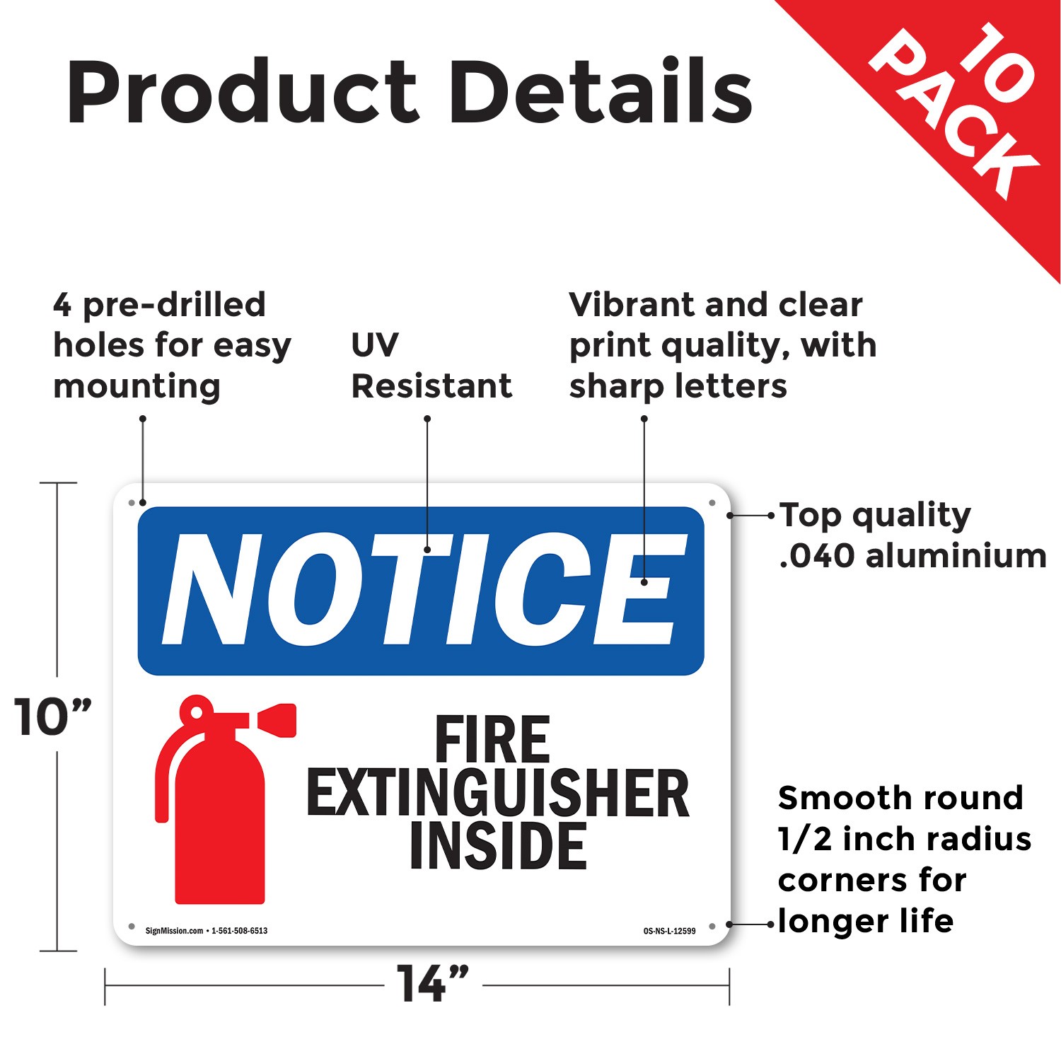 Fire Extinguisher Inside OSHA Notice Sign Metal, Plastic, Decal – 5 or 10 Pack