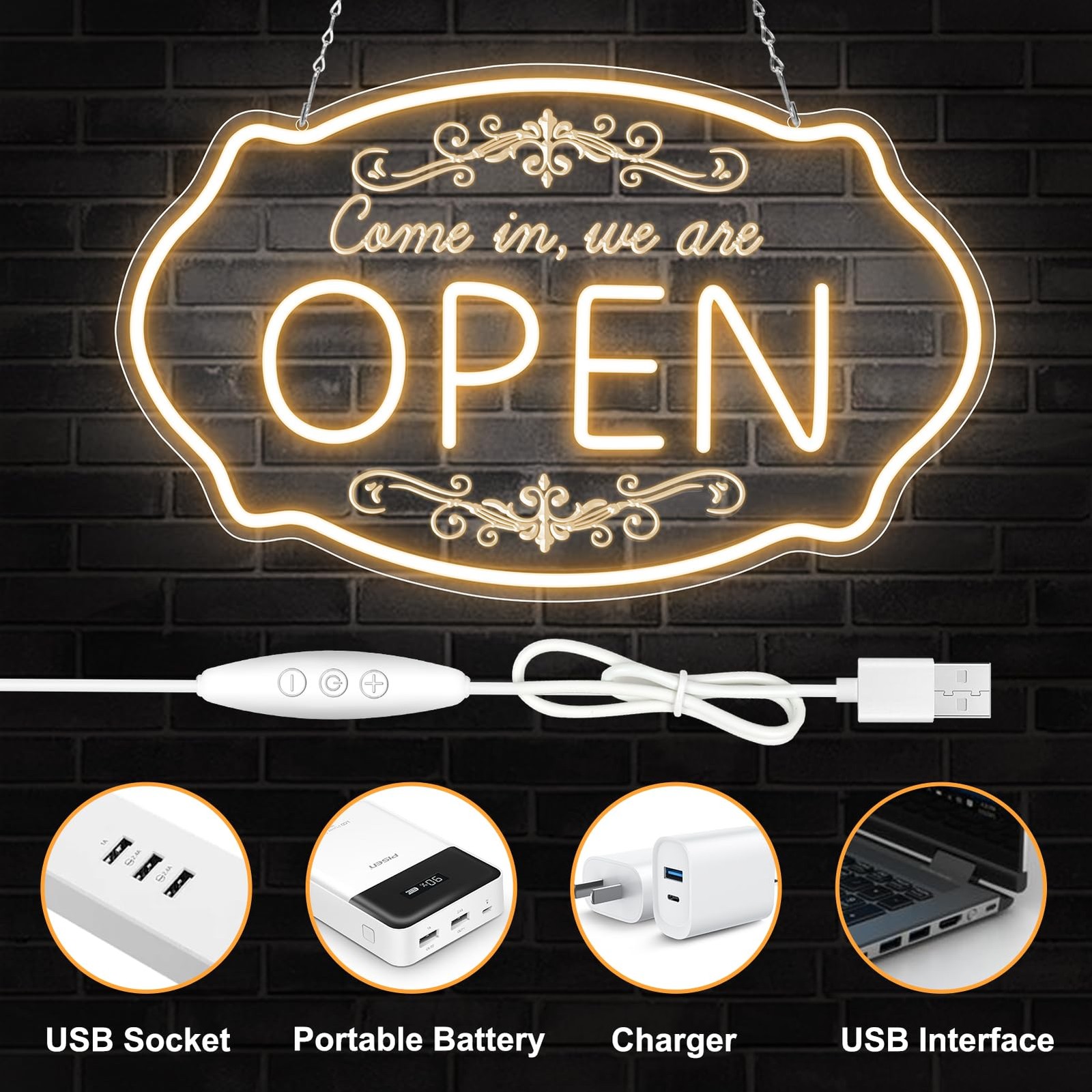 Bright LED Neon Open Sign – Adjustable Warm White Light for Business & Events