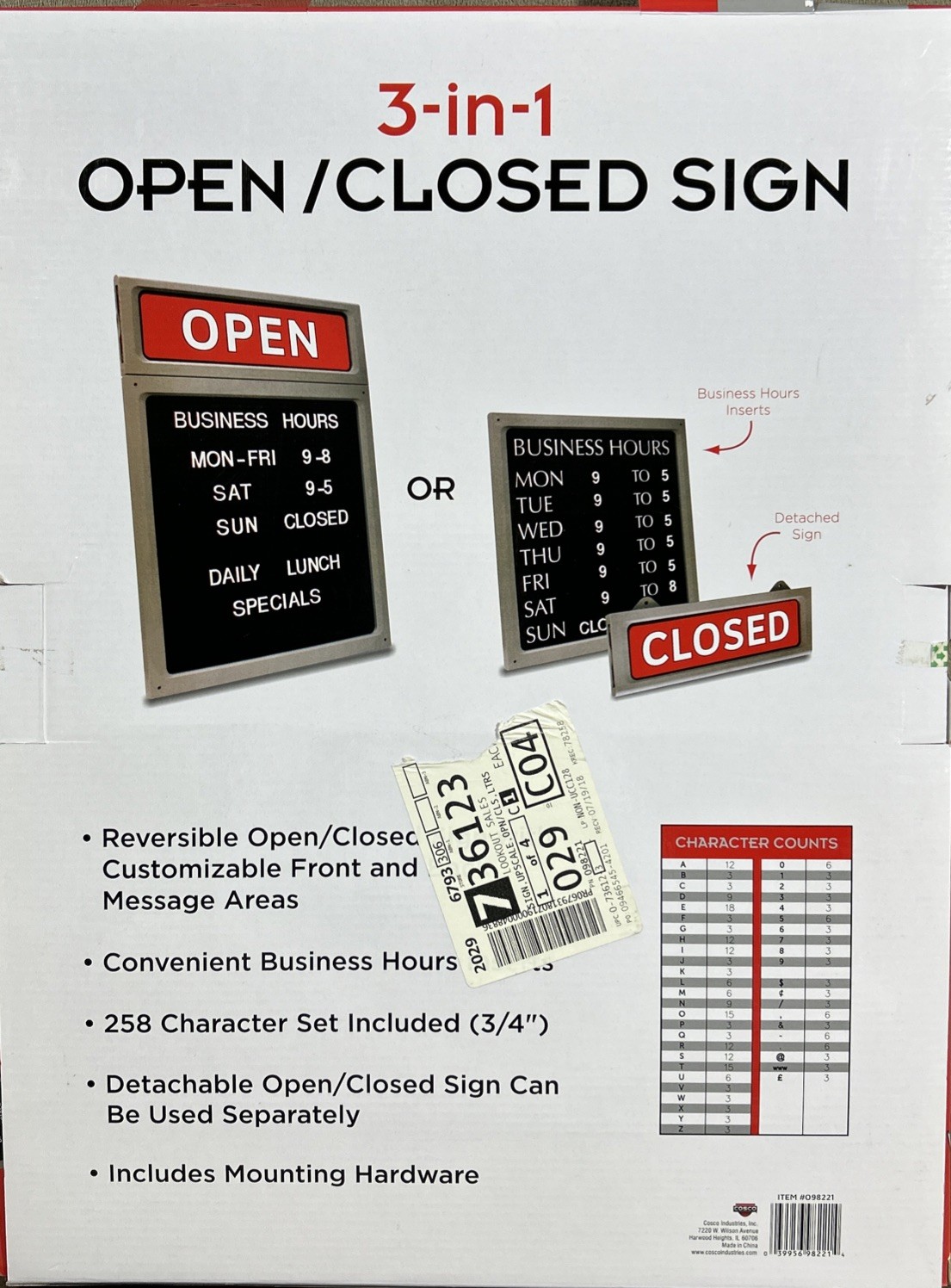 Open/Closed Window Door Business Message Sign 3 In 1 Customizable Cosco 098221