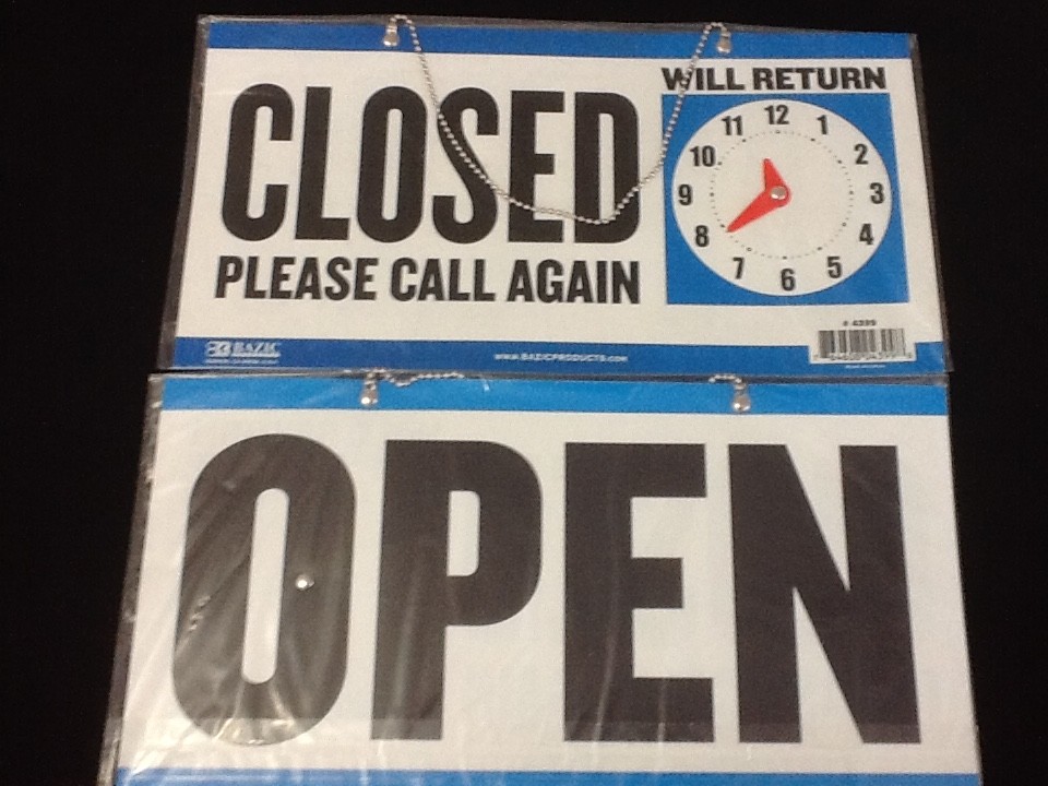 4 Open Closed Sign Chain 2 sided 11.5 x 6. Business Hours ONE FREE SUCTION CUP