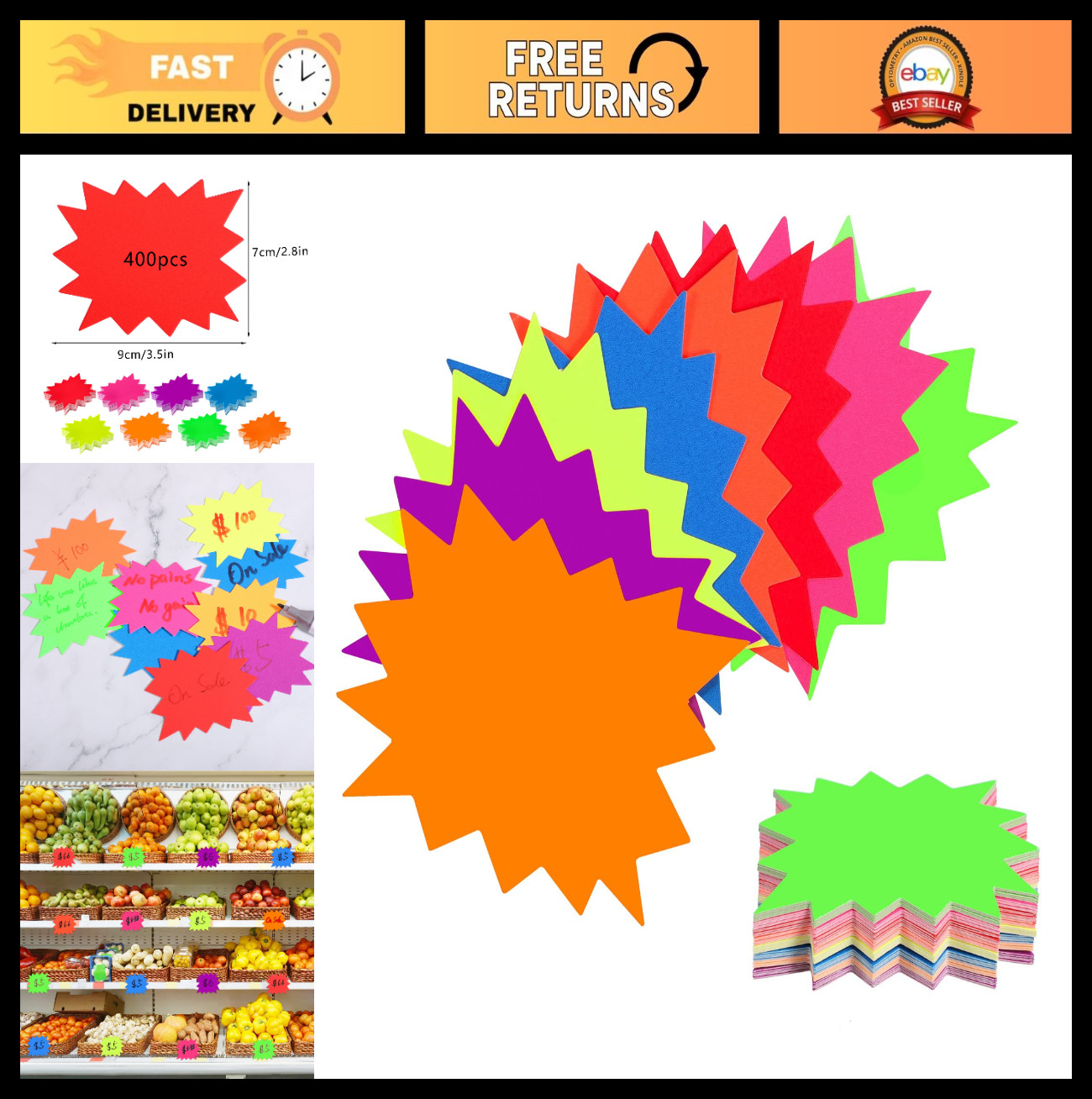 400 Yard Sale Price Stickers – Neon Starburst Labels for Garage Sale Signs, 3.5&Prime;