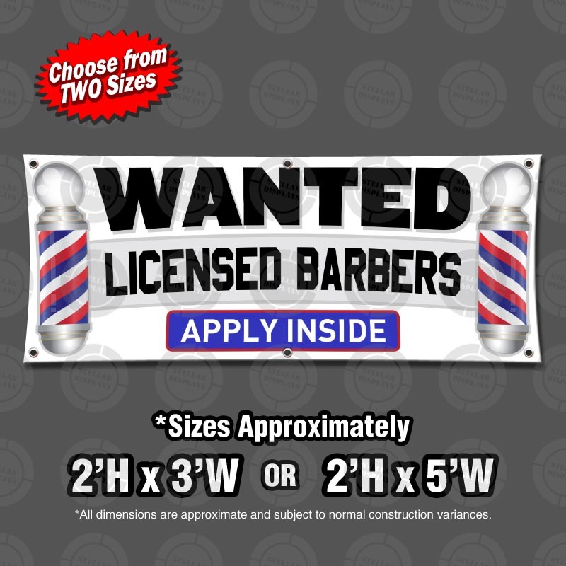 WANTED LICENSED BARBERS Apply Inside Hiring Banner Sign Display Barber Pole Open