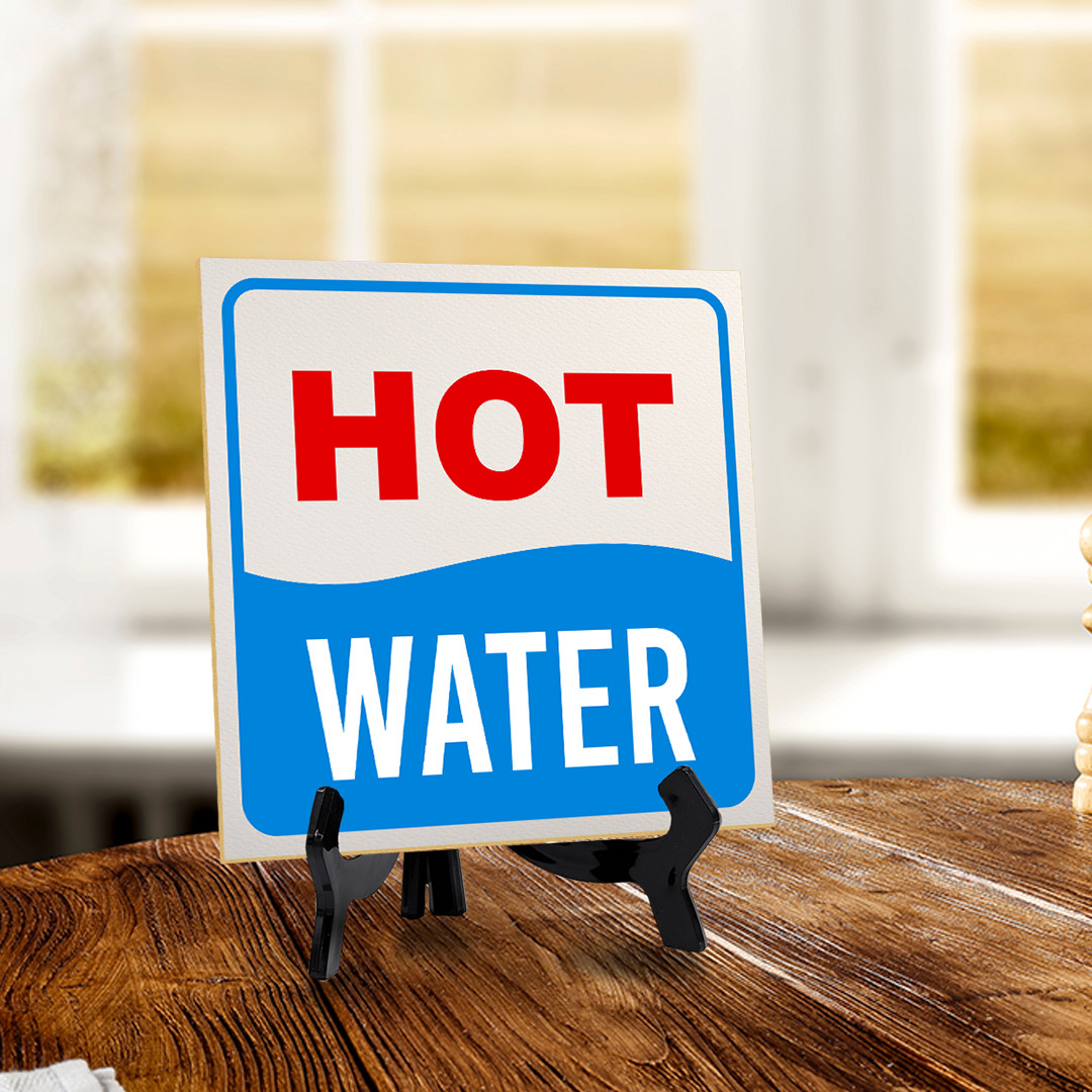 Hot Water 5&Prime;x 5&Prime; Square Table Sign With Acrylic Easel | Home & Office Décor