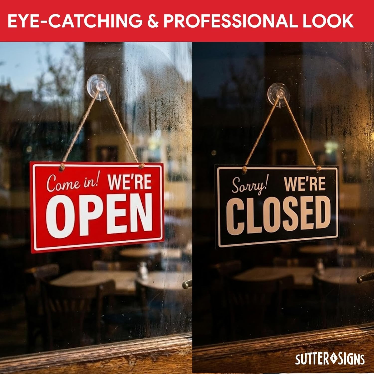 Open Closed Sign for Business, 10&Prime; X 6&Prime; Double Sided Plastic Sign with Twine, Su