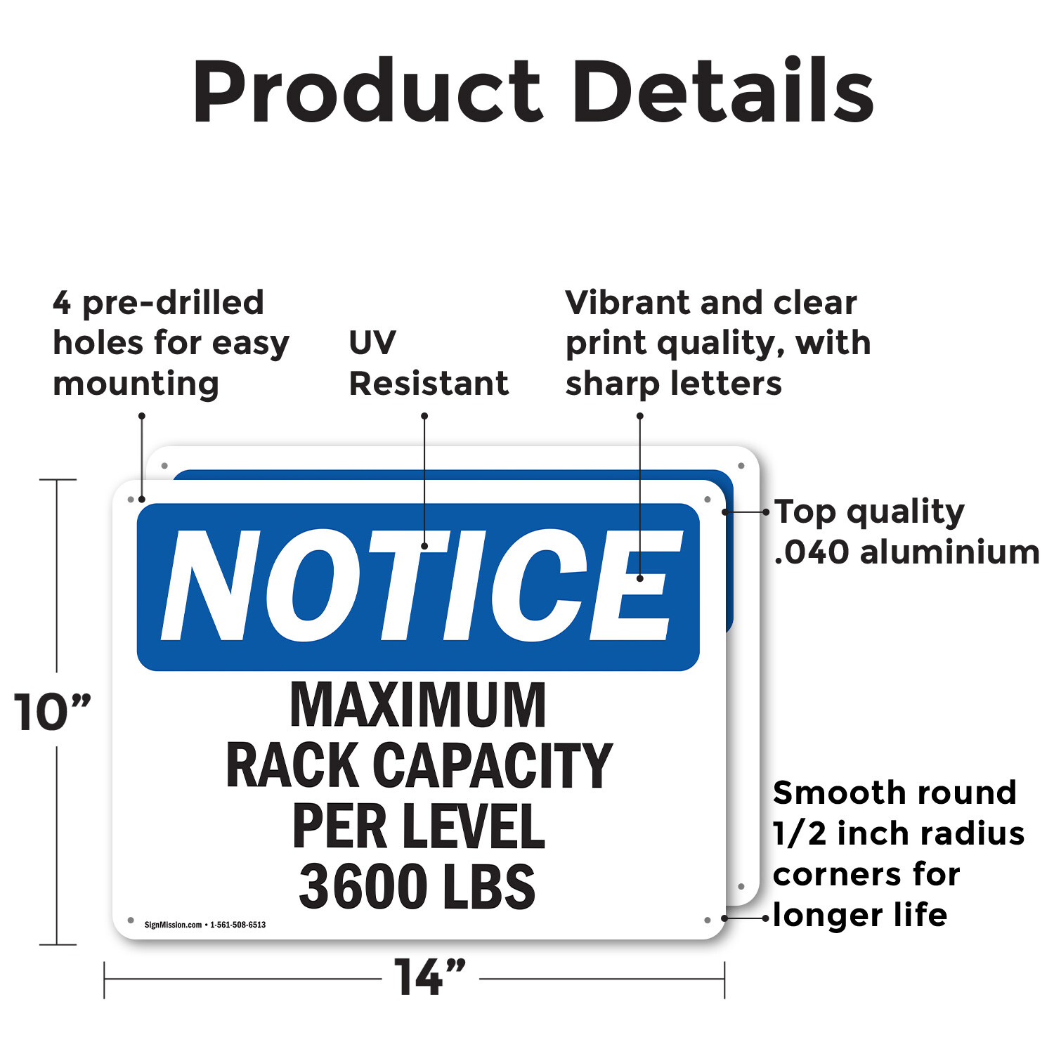 (2 Pack) Maximum Rack Capacity Per Level 3600 Lbs OSHA Notice Sign Decal Metal