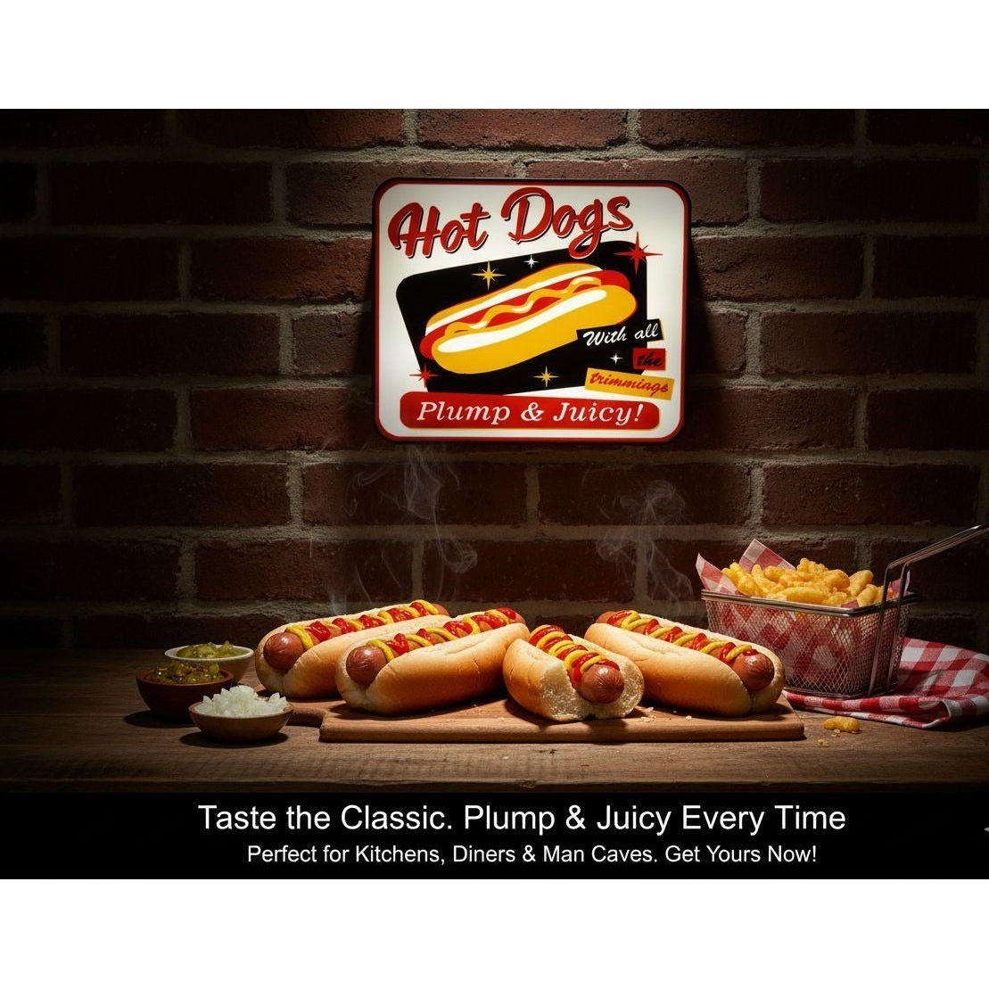 Retro LED Hot Dogs Sign (10&Prime;x7&Prime;) – « Plump & Juicy! » Light-Up Display for Diner,