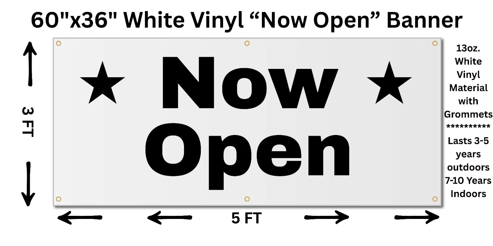 60&Prime;x 36&Prime; White Vinyl “Now Open” 13 oz. Banner