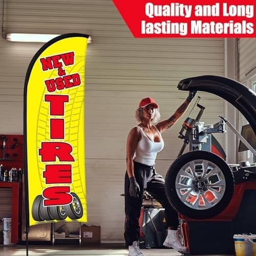 3 Sets Tires Shop Feather Flags with Poles 7Ft New and Use Tires Flags for Busin