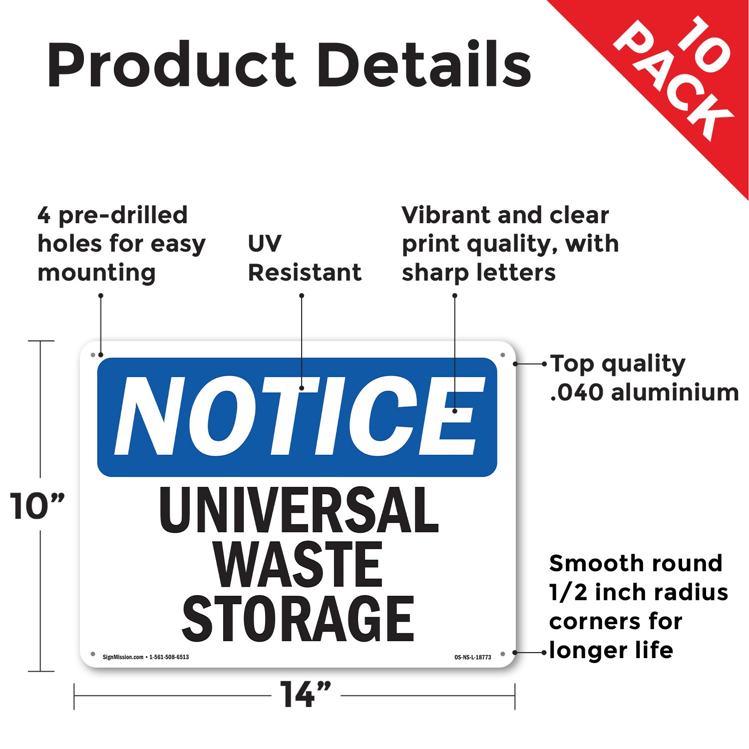 Universal Waste Storage OSHA Notice Sign Metal, Plastic, Or Decal – 5 or 10 Pack