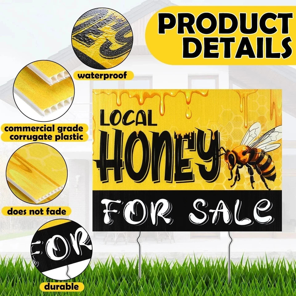 3 Pcs Local Honey Yard Sign 12 x 16 Inch Plastic Horizontal Sold Sign with St…