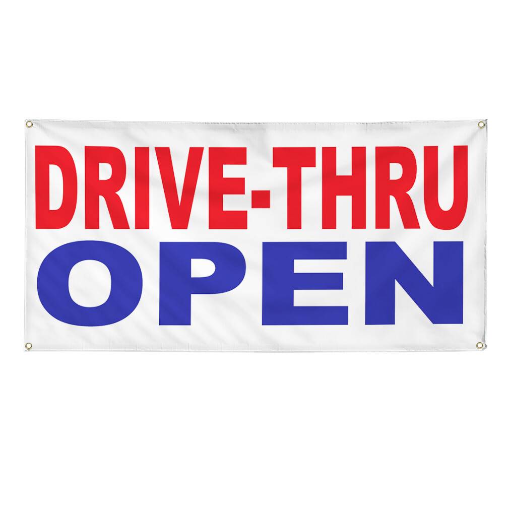 Vinyl Banner Multiple Sizes Drive-Thru Open Red Blue Business Now Open Outdoor