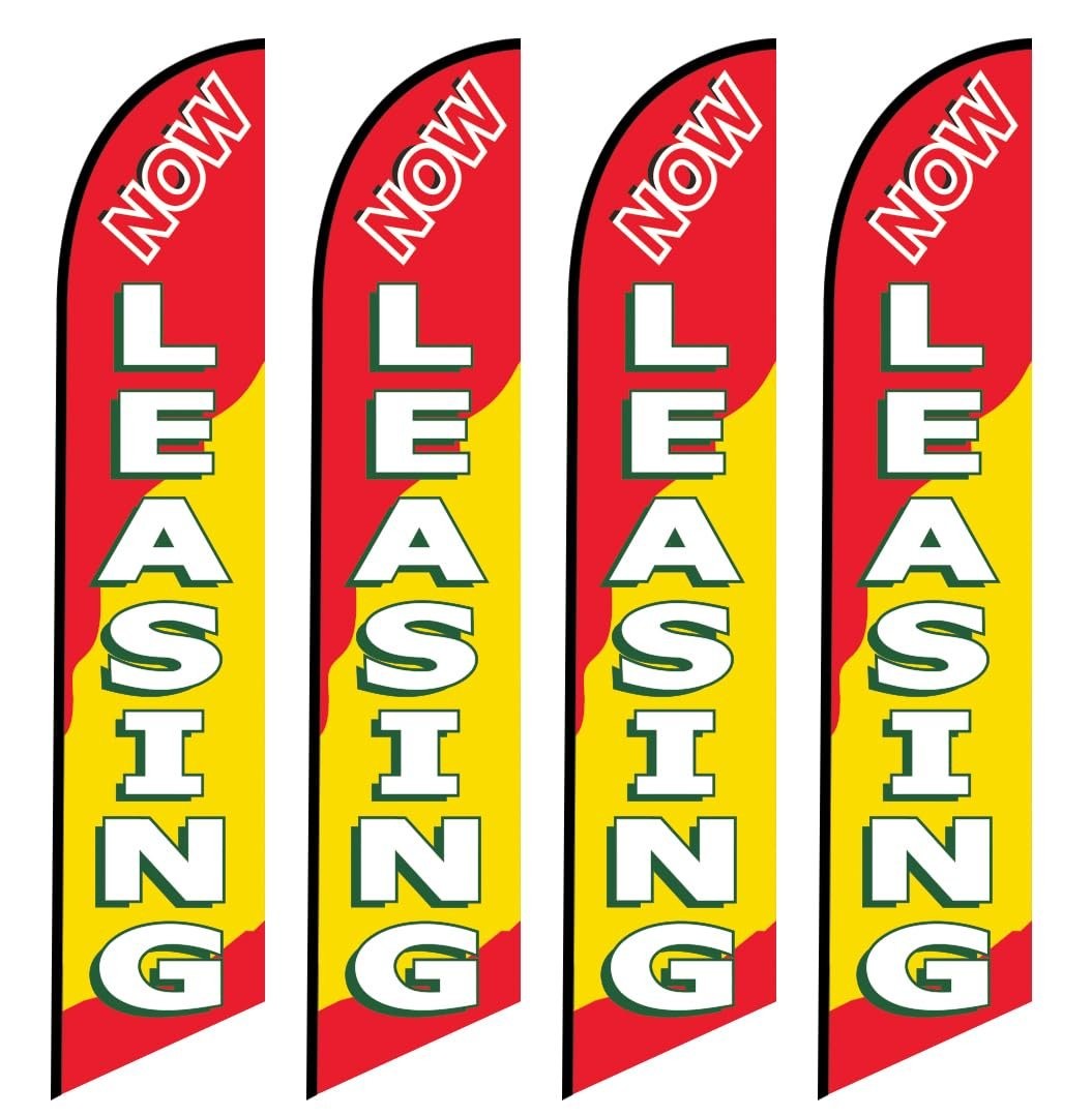 4 Four windless Swooper Full Sleeve Flags NOW LEASING Red Yellow White Green…