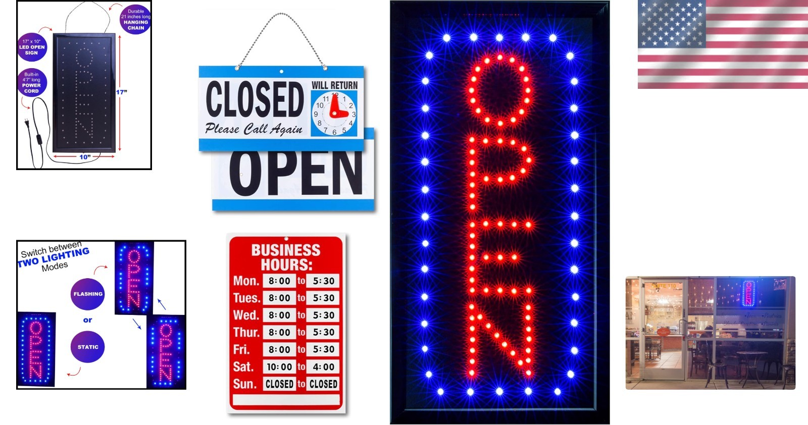 Attractive Vertical LED Open Sign with Business Hours & Closed Signs Included