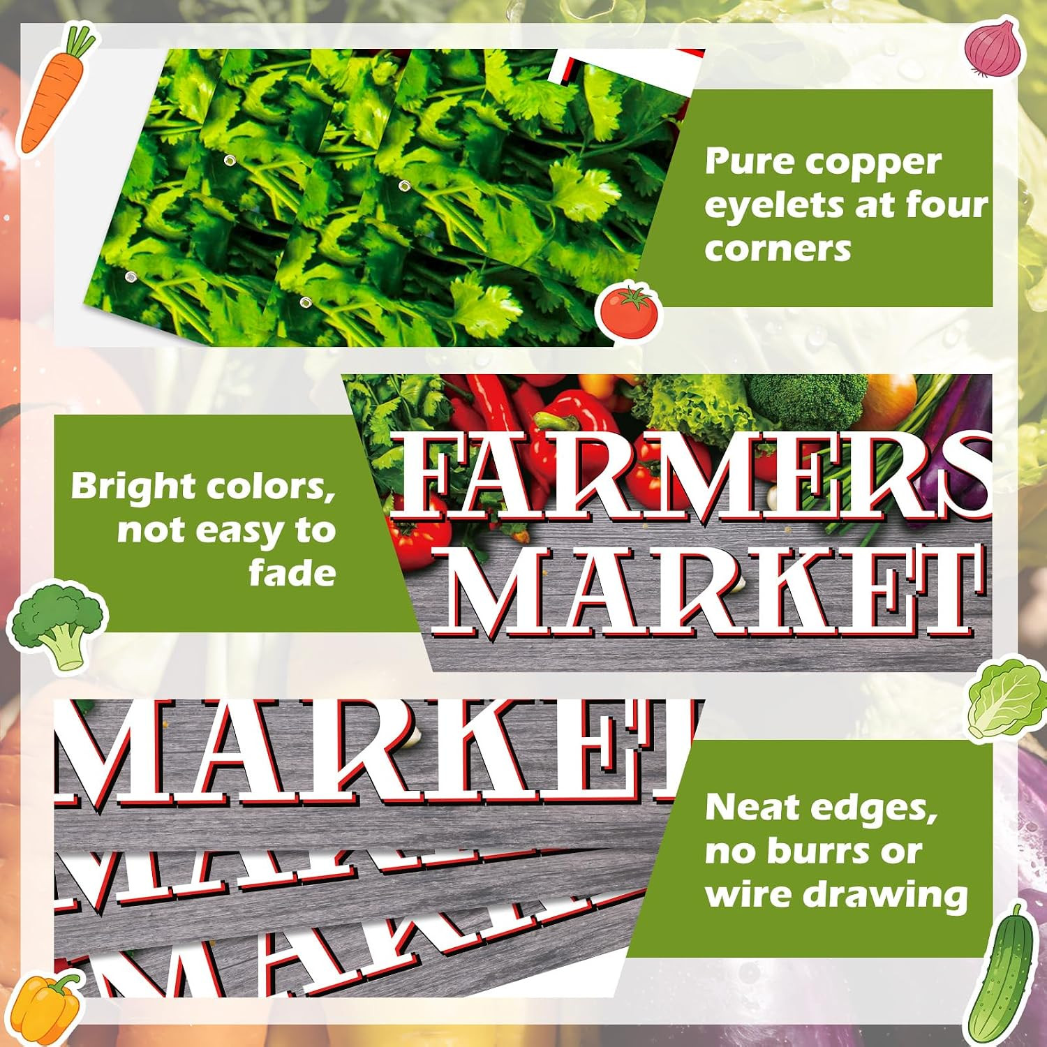 3X8 Ft Farmers&rsquo; Market Polyester Banner Sign with 4 Holes 1 Ribbon for Easy Hang