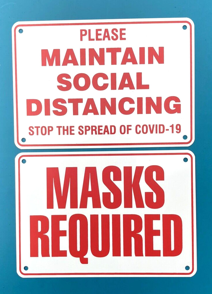 MASK & SOCIAL DISTANCING Compliance Sign Set – 10&Prime; x 7&Prime; Aluminum Signs